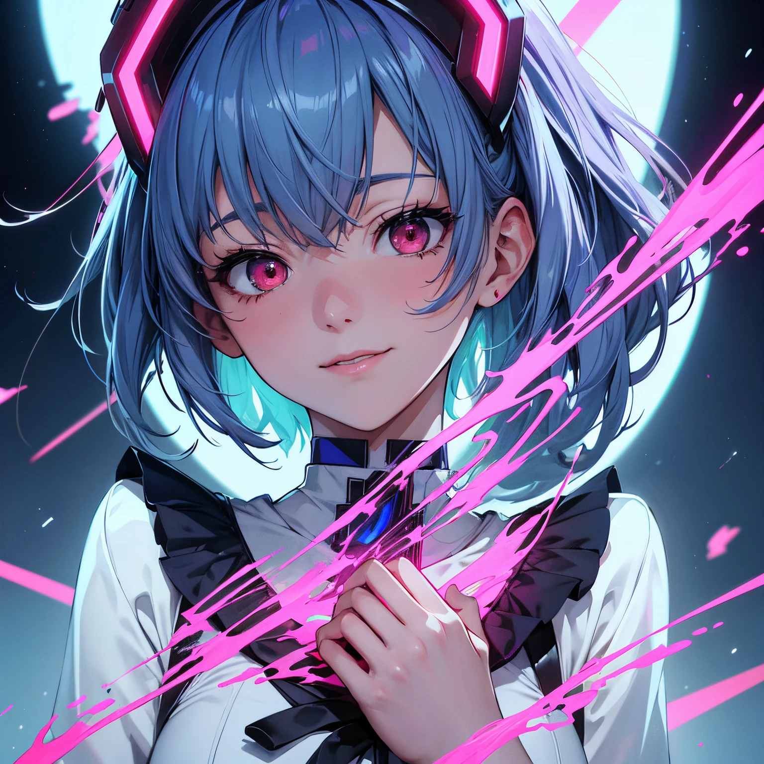 Masterpiece portrait of a smiling Rei Ayanami (Evangelion), Evangelion (Hideaki), Caustics, High resolution illustration,14years, Red Eyes, Feminine, no pupils, Blue hair,  Short hair, Very small breasts,Japan school uniform, lowfers, swpunk, Synth Wave, Paint splatters, shaded flat illustration, Digital Art, Trending on ArtStation, Highly detailed, Fine detail, Convoluted, Splatter, Outrun, Vaporware, neon color