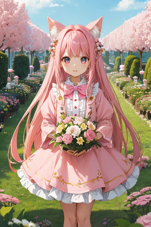 Girl vs.、独奏、Long hair loose and fluffy、Rabbitears,Pink-haired、Double tails、Flower Garden、There are a lot of flowers in the background、high quality image、Pink Antique Suits,short pink skirt、Sweet girl、big eyes, Like a puppy、Eyes of Uluru、Her eyes sparkled、Dynamic poses、