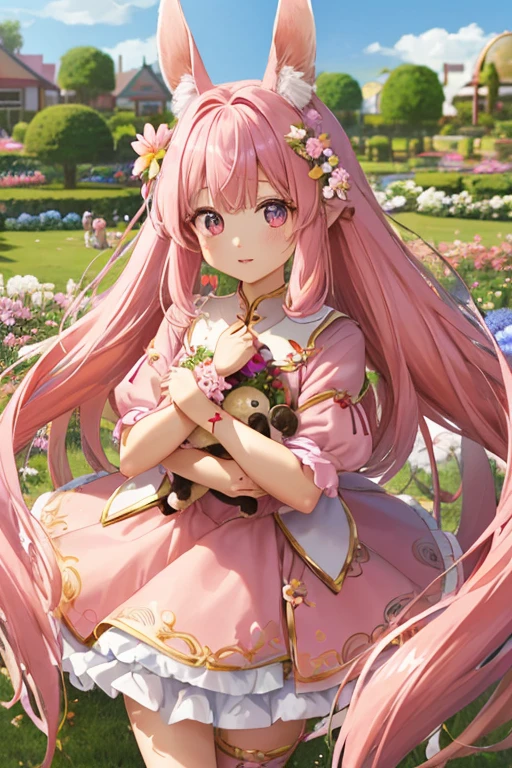 Girl vs.、独奏、Long hair loose and fluffy、Rabbitears,Pink-haired、Double tails、Flower Garden、There are a lot of flowers in the background、high quality image、Pink Antique Suits,short pink skirt、Sweet girl、big eyes, Like a puppy、Eyes of Uluru、Her eyes sparkled、Dynamic poses、