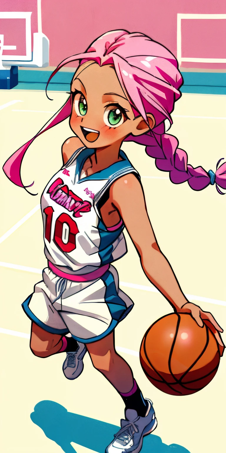 basketball player white girl, cute, happy, pink long braided hair, sexy, slim, poser, tomboy, cool basketball court background