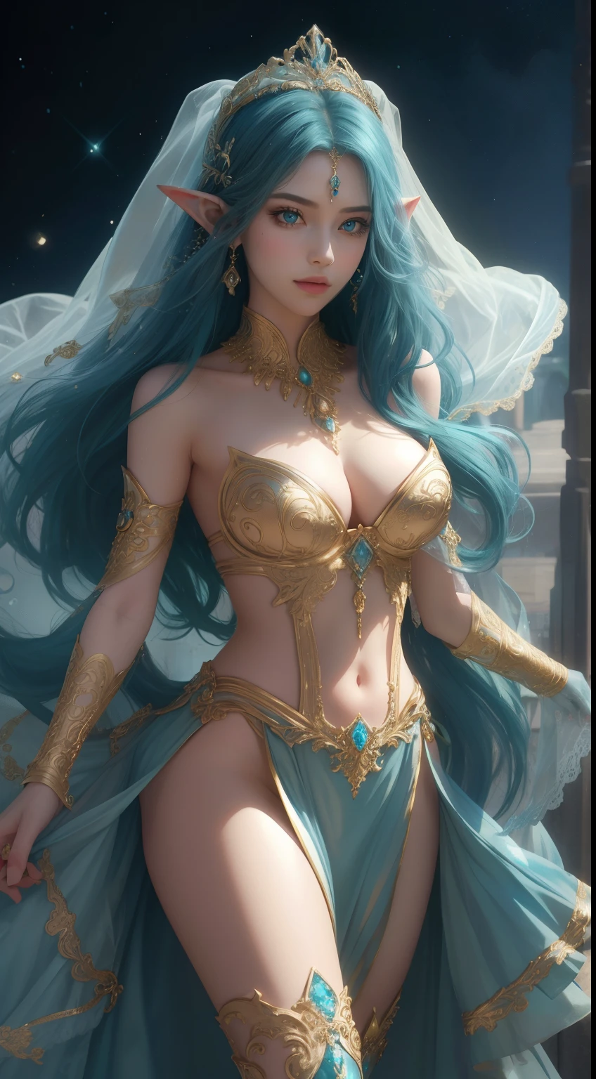 tmasterpiece，Highest image quality，Beautiful bust of a noble elf dancer，Exquisite teal hairstyle，Clear golden eyes，Veil，veils，heeled sandals，Featuring a dazzling array of intricately crafted jewelry，Ultra-detailed details，advanced。At the Pixiv Art Station，Break your own power，Louie，Big breasts exposing cleavage，R-18G