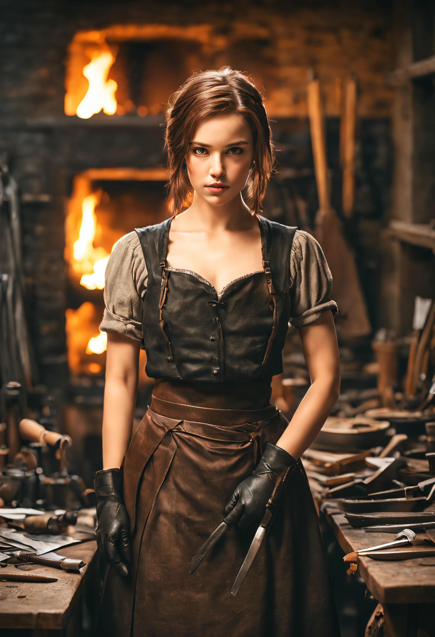 Highly detailed mock-up photos of the Weaponsmith:1.2, actual, depth of fields, vague background, 
1个Giant Breast Girl, short detailed hair, Black gloves, Brown hair, With his eyes closed, fireplace, smir, mitts, Clamping tools, knifes, cparted lips, looking at viewert, a skirt, Alone, Weapon craftsman, work table, work reality:1.3, 
tmasterpiece, Best quality at best:1.1, 
(Film photography:1.2),