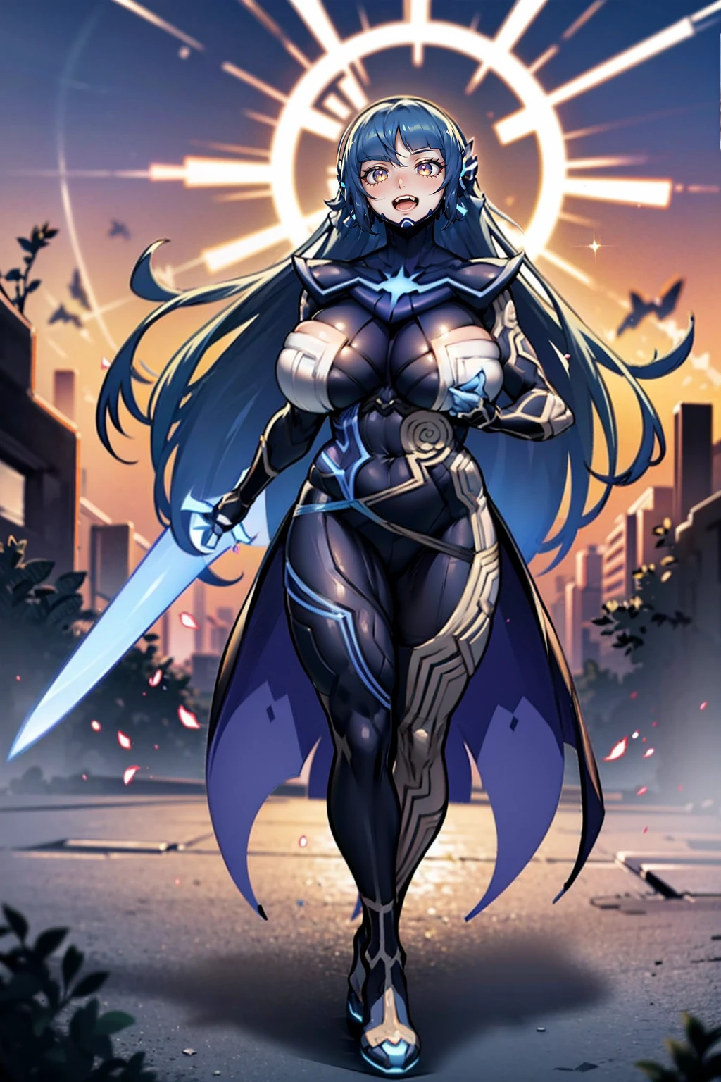 e,, holy magicalgirl, open mouth fang, holy haura, halo, smile, joyfull, paladin, sword holding, full body , boots, standing,cute,breast, curvy, female,fantasy goddess,there is a cartoon picture of a woman with a very large breast, glowing angelic being, glowing holy aura, inspired by Luma Rouge, the non-binary deity of spring, ethereal rainbow nimbus, the butterfly goddess of fire, inspired by Marie Angel, glowing aura around her, astral fairy, as the goddess of the sun, “uwu the prismatic person, big breast, happy, beautiful eyes, , full body, walking, long robe, long dress, ,priestess ,holy, smile, god rays, ray tracing, sparkle, cinematic lighting, UHD, retina, masterpiece, ccurate, anatomically correct, textured skin, super detail, high details, high quality, award winning, best quality, highres, 1080P, HD, 4K, thunder aura, light aura,full body suit, pullover, metal suit, covered chest