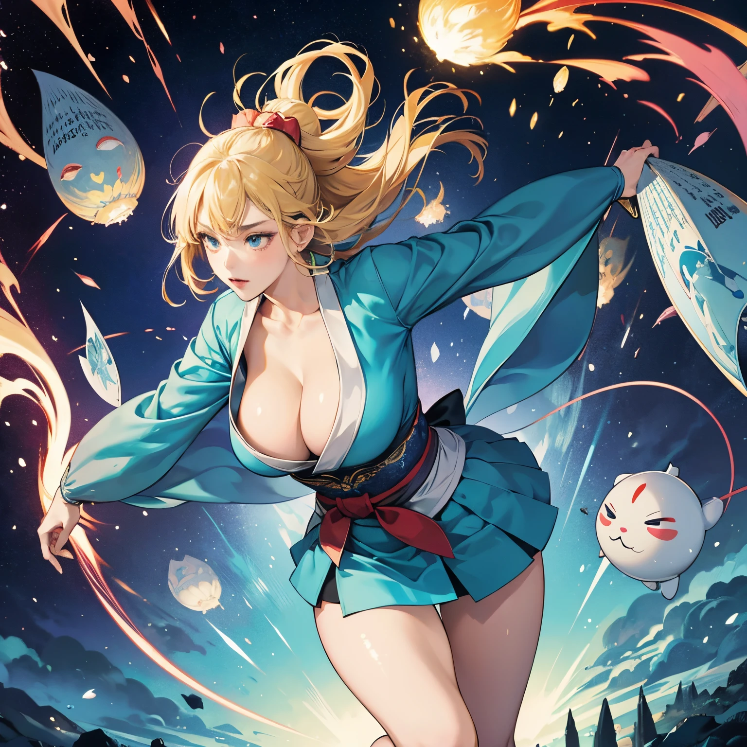 Théa Rojzman, Utagawa Hiroshige, Chiho Aoshima, Surreal, mysterious, strange, fantastical, fantasy, Sci-fi, Japanese anime, wonderland on paper, blonde miniskirt beautiful girl Alice, perfect voluminous body, everything surrounding her becomes gigantic and attacks her, fleeing Alice, action, dynamism, detailed masterpiece, sexy erotic running Alice, provocative mid-action dynamic poses, big tits large ass curves