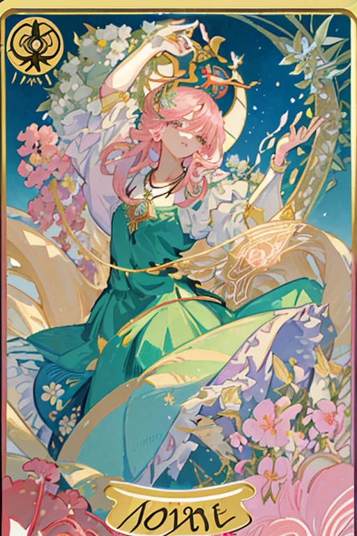 tmasterpiece、topquality、Alphonse Mucha、Jugendstil、
 (Tarot card style:1.3)、Unique Tarot Card Structure, including floral and green elements、Upper torso、looking at the viewers、
In the middle of a green garden、The Mysterious Girl 、Dance with Unearthly Creatures。
roses、lily、Cherry treesleaves、moss、vine、Elegant dresses, Inspired by nature、Necklace with flowers and leaves、hair ornaments、Butterflies、bird、bee、Tarot symbols, Reimagined with floral and green ornaments、godesses、Flower Garden、woods、Natural background, like a, For example, shore of the lake、Efficient use of light and shadow、
Realistic & ultra realisic, kindness, full height, Girl vs.、独奏、Long hair loose and fluffy、Rabbitears，Pink-haired、Double tails、Flower Garden、There are a lot of flowers in the background、high quality image、Pink Antique Suits，short pink skirt、Sweet girl、big eyes, Like a puppy、Eyes of Uluru、Her eyes sparkled、Dynamic poses、