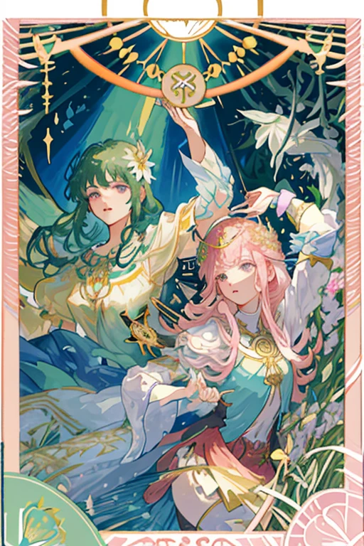 tmasterpiece、topquality、Alphonse Mucha、Jugendstil、
 (Tarot card style:1.3)、Unique Tarot Card Structure, including floral and green elements、Upper torso、looking at the viewers、
In the middle of a green garden、The Mysterious Girl 、Dance with Unearthly Creatures。
roses、lily、Cherry treesleaves、moss、vine、Elegant dresses, Inspired by nature、Necklace with flowers and leaves、hair ornaments、Butterflies、bird、bee、Tarot symbols, Reimagined with floral and green ornaments、godesses、Flower Garden、woods、Natural background, like a, For example, shore of the lake、Efficient use of light and shadow、
Realistic & ultra realisic, kindness, full height, Girl vs.、独奏、Long hair loose and fluffy、Rabbitears，Pink-haired、Double tails、Flower Garden、There are a lot of flowers in the background、high quality image、Pink Antique Suits，short pink skirt、Sweet girl、big eyes, Like a puppy、Eyes of Uluru、Her eyes sparkled、Dynamic poses、