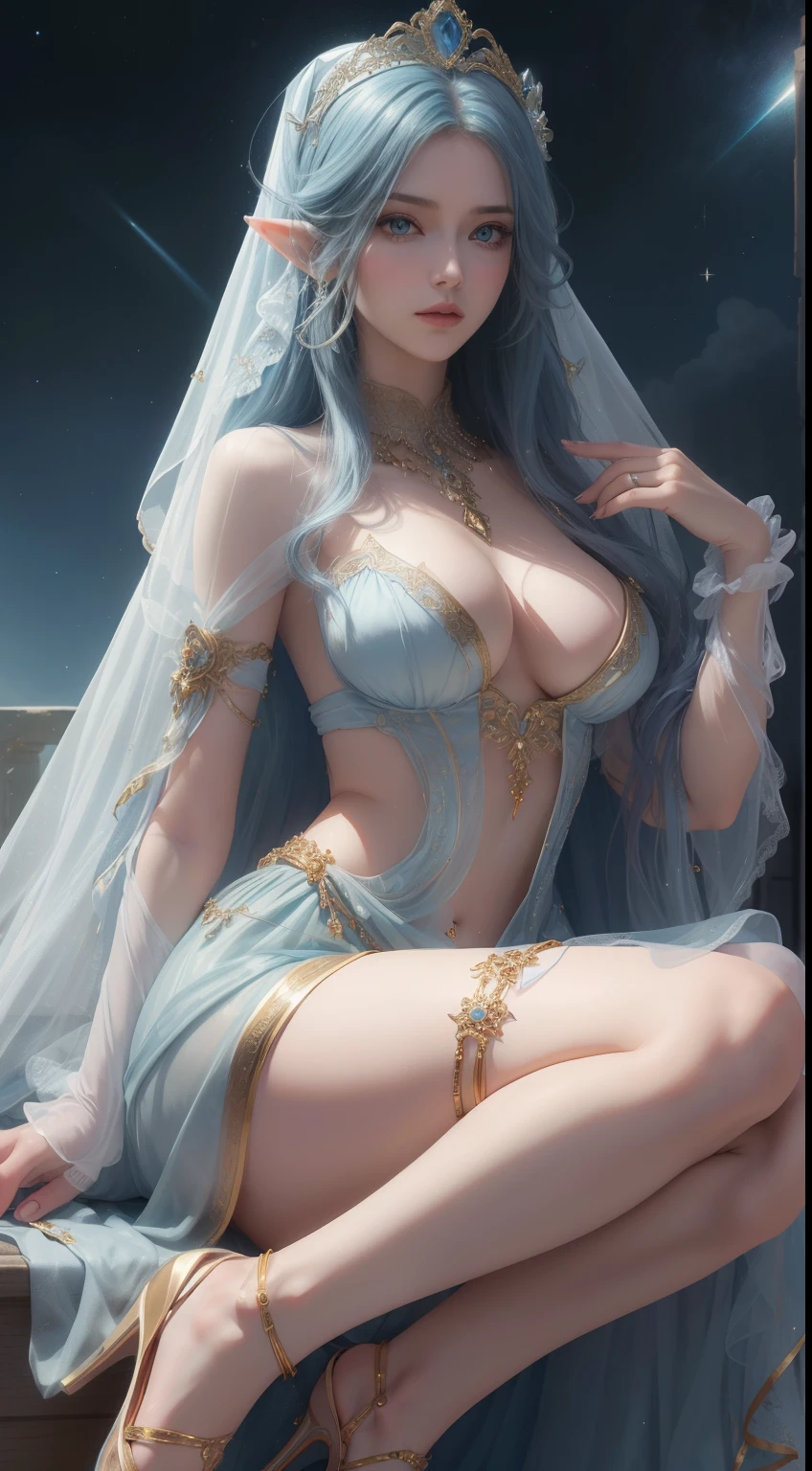 tmasterpiece,Highest image quality,Beautiful bust of noble elven dancer,Exquisite sky blue hairstyle,Clear golden eyes,veils,veils,heeled sandals,Has a dazzling array of、well made jewelry,Ultra-detailed details,advanced。At the Pixiv Art Station,Break your own power,Louis,Big breasts exposing cleavage,R-18G