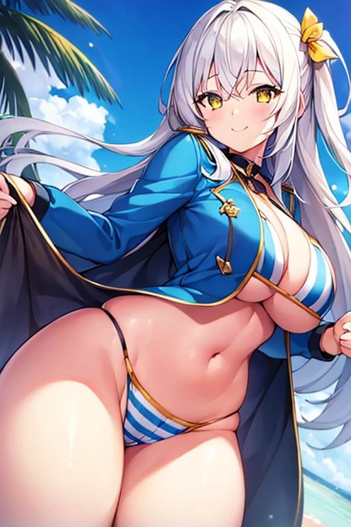 1girl, , thick thighs, wide , blue jacket, yellow eyes, white hair, horizontal stripes, striped , smile, happy, light smile, long hair, open jacket, , 2d, anime style, anime screencap, epaulettes