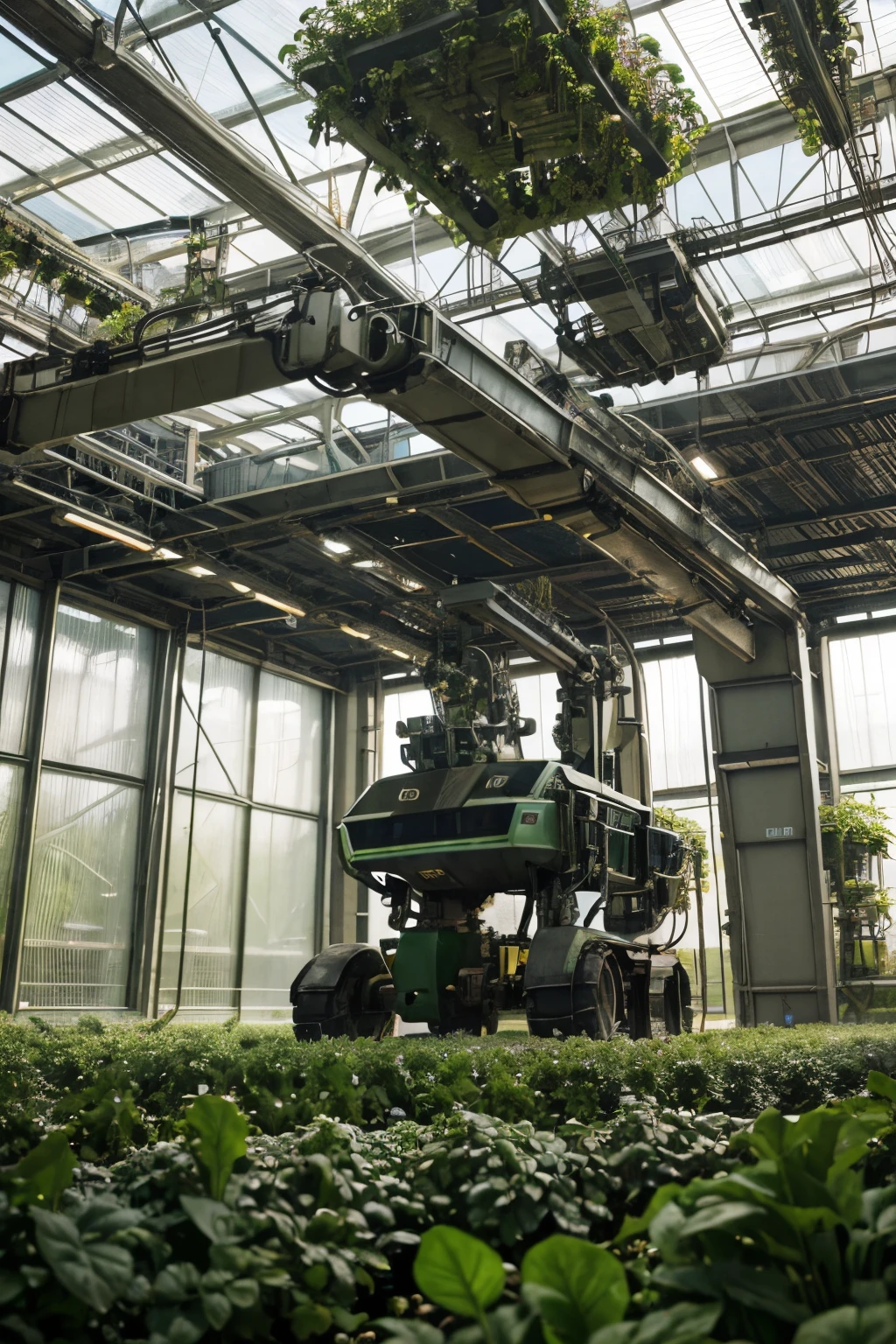 Robot is working in the greenhouse,Lettuce growing in rows, organic and robotic, scifi farm, With robotic arm, future-tech, hydroponic farms, Future cloning facility, machine arm, Robots of the future, realistic robot machinery, future-tech, technology vs nature, futuristic robot organism, future-tech, cyberpunk garden, Robot extension arm, Robotic arm