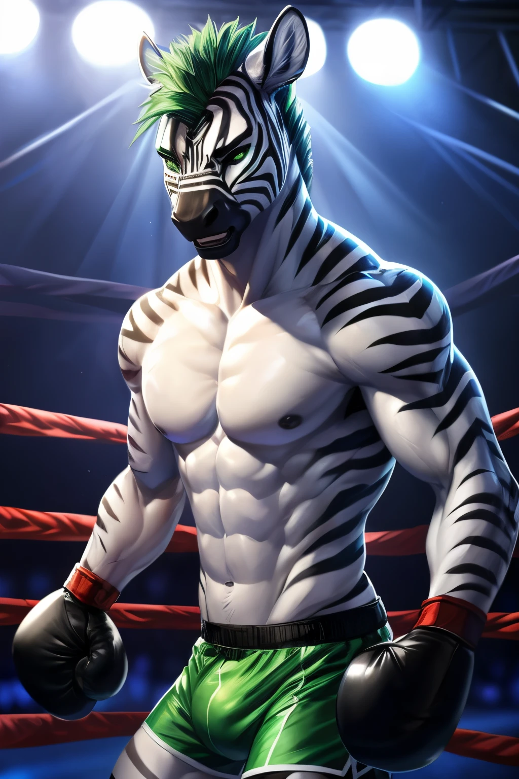 a detailed picture of a male anthro, slim body, in a boxing ring, Ross Tran, ruan jia, trending on artstation, foxovh, (intense expression), ((wearing green boxing shorts)), zebra,