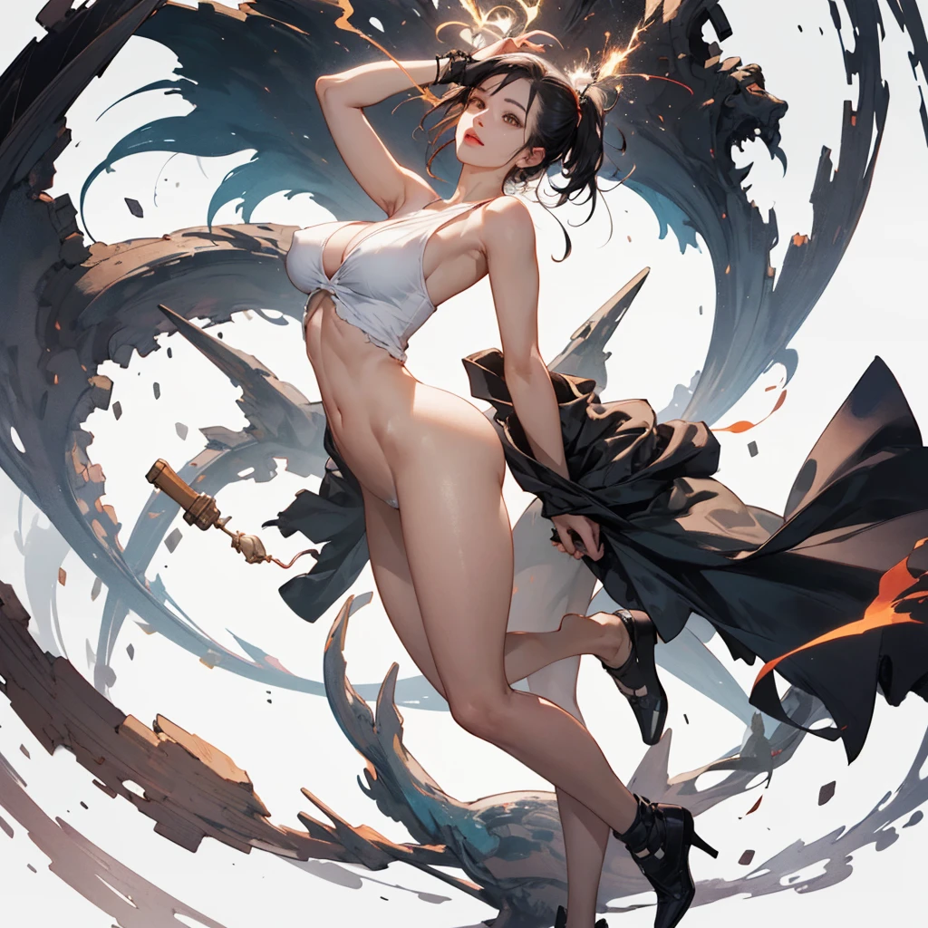 (masutepiece:1.2), (best quarity:1.2), (ultra-detailliert:1.2), Ultra Realistic, 4K, gothic, wearing tattered tight tank-top, sad, Official art, Illustration, 1girl in,Happy, Solo, Full body, hard nipples, enormous buttocks, thick thighs, tiny waist, arched back (Stand on the mini base:1.1025), (White background, Simple background:1.5), tea set, (maximalism:0.9), pastel color, (spark of light:1.1), Cute , ((, Naked)), (Have a lollipop), ((large breasts)), ,Eyelashes, focus is buttocks