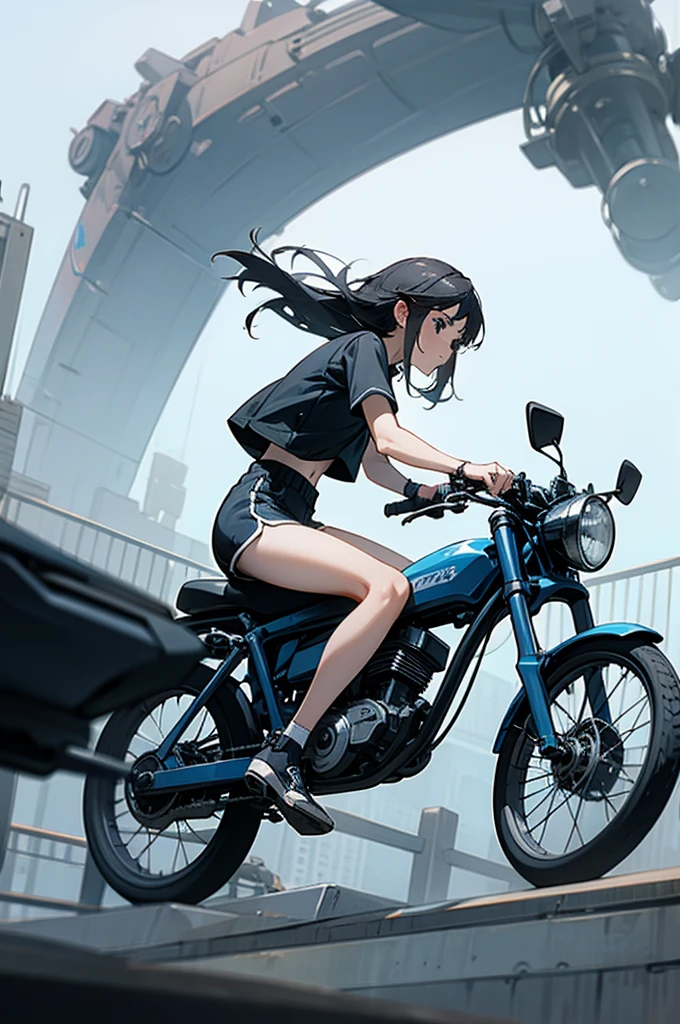 an girl rides a bicycle, dolphin shorts, A complex machinery structure in a futuristic city