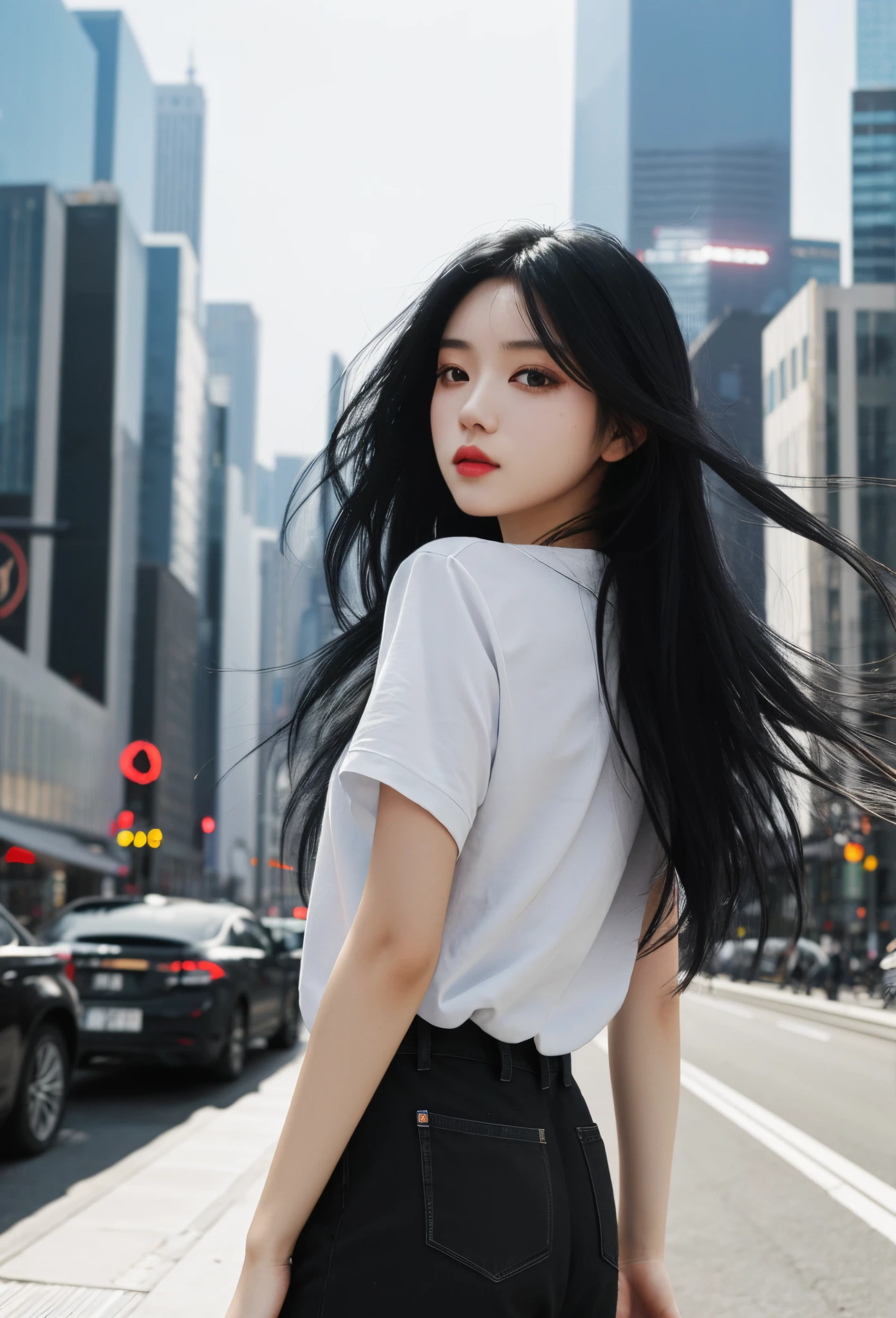 1girl, casual fashion, (Masterpiece, 4k resolution, ultra-realistic, very detailed), (long black hair:1.2), (cityscape, dynamic lights)