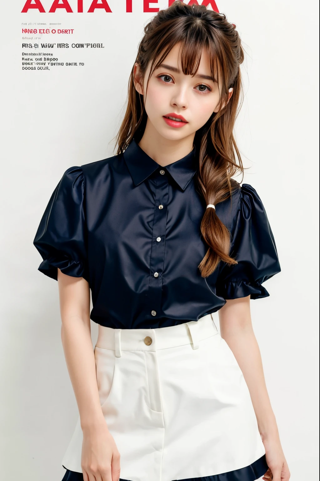 (Best Quality, 8k, 32k, Masterpiece, UHD:1.2), pretty Korean woman picture, big breasts,  very realistic skin texture, fine facial noise, very detailed lips, cowboy shot, face focus, , earrings, dark studio background, uniform lighting, looking at the viewer, soft and smooth body, slender body, wide hips, thick thighs, tight silk blouse, navy blue satin blouse, button blouse, black satin pleated skirt