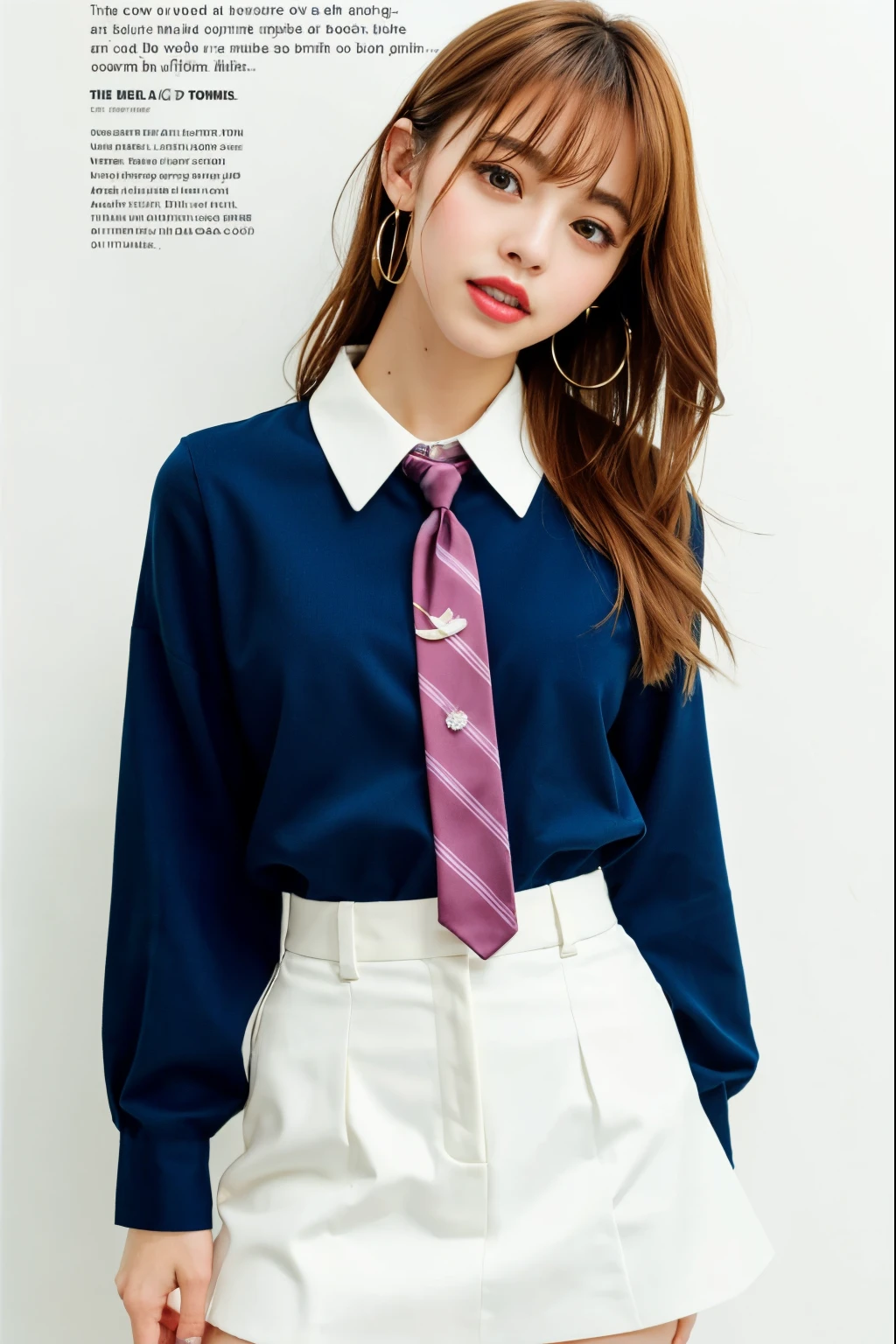 masterpiece, best quality, full body, 1girl, bangs, black choker, necktie, black hair, pink skirt, blush, bracelet, breasts, choker, clothes around waist, bows,collarbone, collared shirt, cowboy shot, lace dress shirt, ear piercing, eyebrows visible through hair, gradient hair, grin, gyaru, jewelry, kogal, long hair, looking at viewer, loose necktie, necktie, piercing, brown eyes, ring, school uniform, shirt, skirt, smile, solo, white shirt, street, sky, cherry blossoms, petals,illustration, (magazine:1.4), (cover-style:1.3), fashionable, woman, vibrant, outfit, posing, front, colorful, dynamic, background, elements, confident, expression, holding, statement, accessory, majestic, coiled, around, touch, scene, text, cover, bold, attention-grabbing, title, stylish, font, catchy, headline, larger, striking, modern, trendy, focus, fashion,cinematic lighting