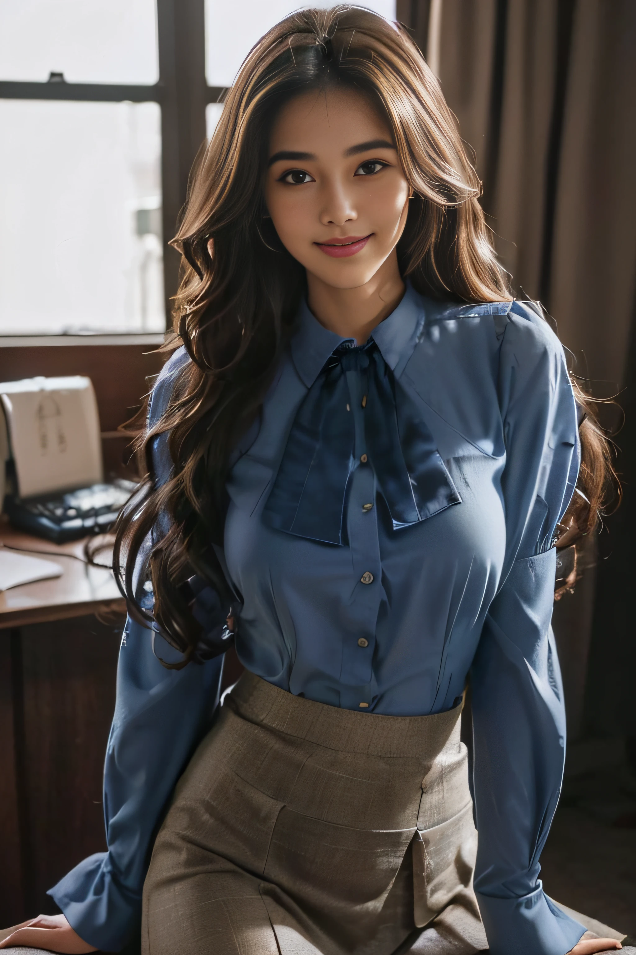 ((beautiful a girl:1.3))((company uniform:1.4))((pantyshot:1.5)) ,((Long skirt in blue:1.3))((blue ribbon blouse_long-sleeve:1.4)) ((in a office:1.3)) ((Thin_fabric:1.4)) ((Random sexy poses:1.3)) ((with a flushed face:1.4)) ((breasts:1.2)) ((close-up:1.2)) Best Quality,masutepiece,超A high resolution,(Photorealistic:1.4),Raw photo,(Authentic skin texture:1.3),(Film grain:1.3),the panorama,Character Portrait,Very Wide Shot,Narrow waist,Cowboy Shot,(In the Dark, deepshadow, lowkey, cold light,) Night,((Loosely curled hair)),Streaming Tears,,Dust,Tindall Effect,(expression),1girl in,beautiful detailed eyes and face,White Jabot,Brown eyes,((Brown-colored super long hair:1.2)) ((Full body:1.3)) ((Smile:1.3))
