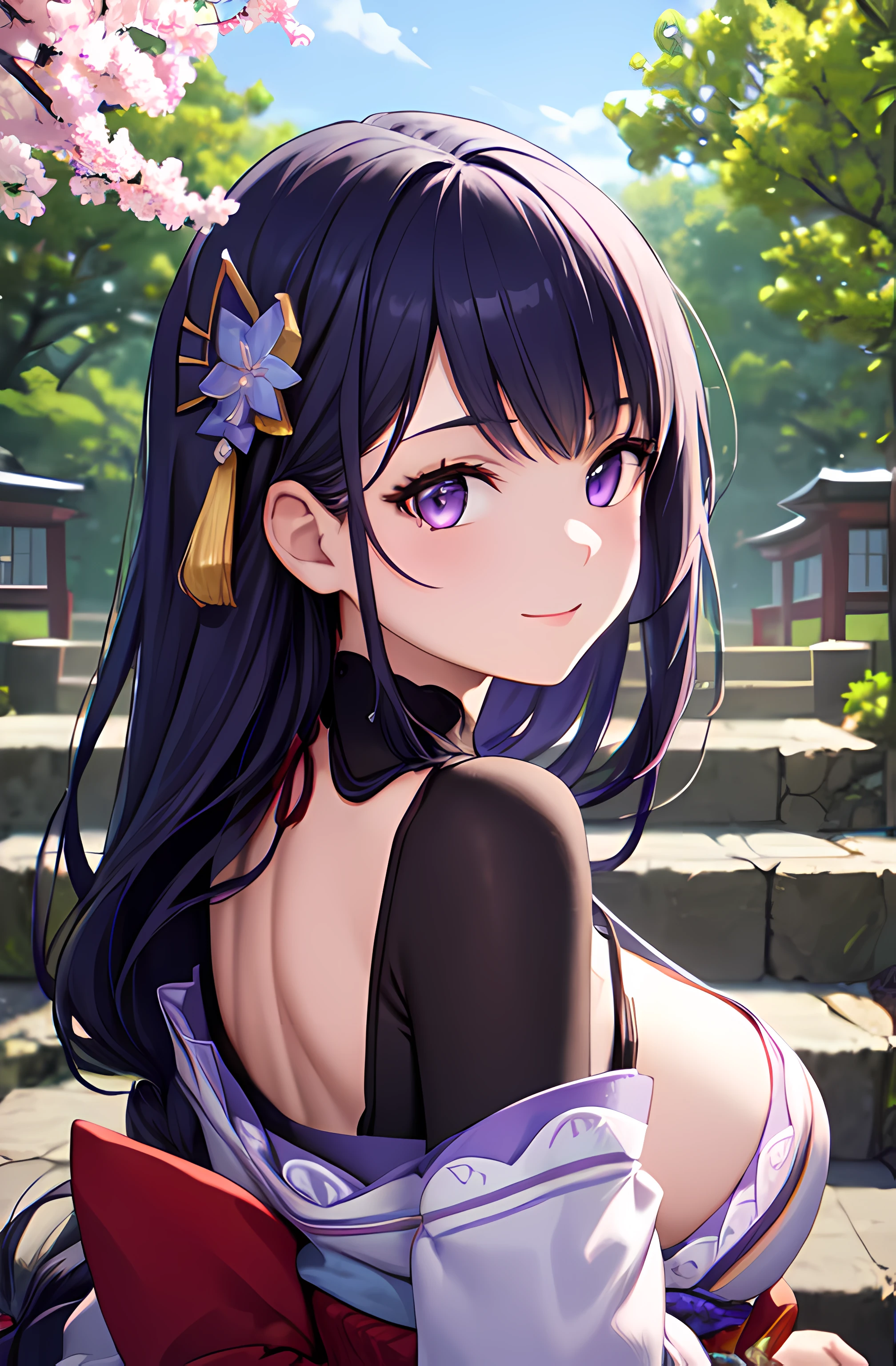 (best quality, masterpiece, ultra-detailed, perfect pixels, UHD, 4k, HDR, depth of field), 1girl, raiden_shogun, official art, perfect body, (photorealistic:1.1, smooth CG texture), (blunt bangs, long hair, eyelashes), hair ornament, pov, close up, sly smile, nipslip, standing, tree, stairs, (kyoto vibes), sky, cherry blossoms, temple, looking at viewer, (upper body, from below, looking back)