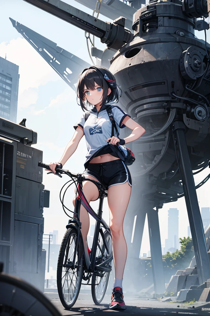 an girl rides a bicycle, dolphin shorts, A complex machinery structure in a futuristic city