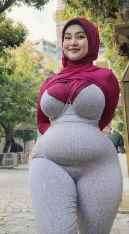 masterpiece, high quality photos, detailed photos, beautiful chubby Malay woman wearing a hijab, has super plump breasts, wearing a tight t-shirt, sexy leggings, big buttocks, posing smiling in the park, detailed body description, detailed facial description,