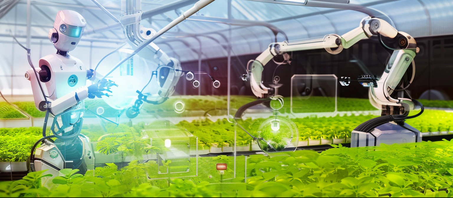Robots are working in a greenhouse growing various plants, organic and robotic, hydroponic farms, future-tech, scifi farm, high-tech environment, The image is futuristic, photograph taken in 2 0 2 0, Robotics, man-made, future-tech, technologies, near future, With robotic arm, High-tech of the future, future, Mechanical garden