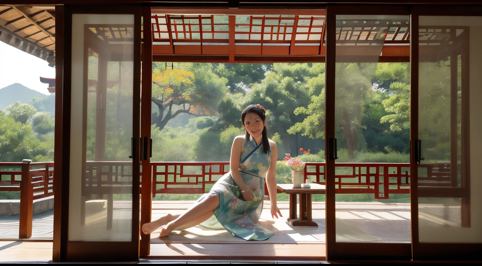 Widescreen: Emma Wawa seen through the frosted window of a traditional Chinese teahouse, her joyous smile and gentle laugh captivating onlookers, reimagined in the impressionistic style of Claude Monet but using delicate Chinese watercolors. Viewpoint: from outside the teahouse, looking in through decorative lattice. Create 2 images