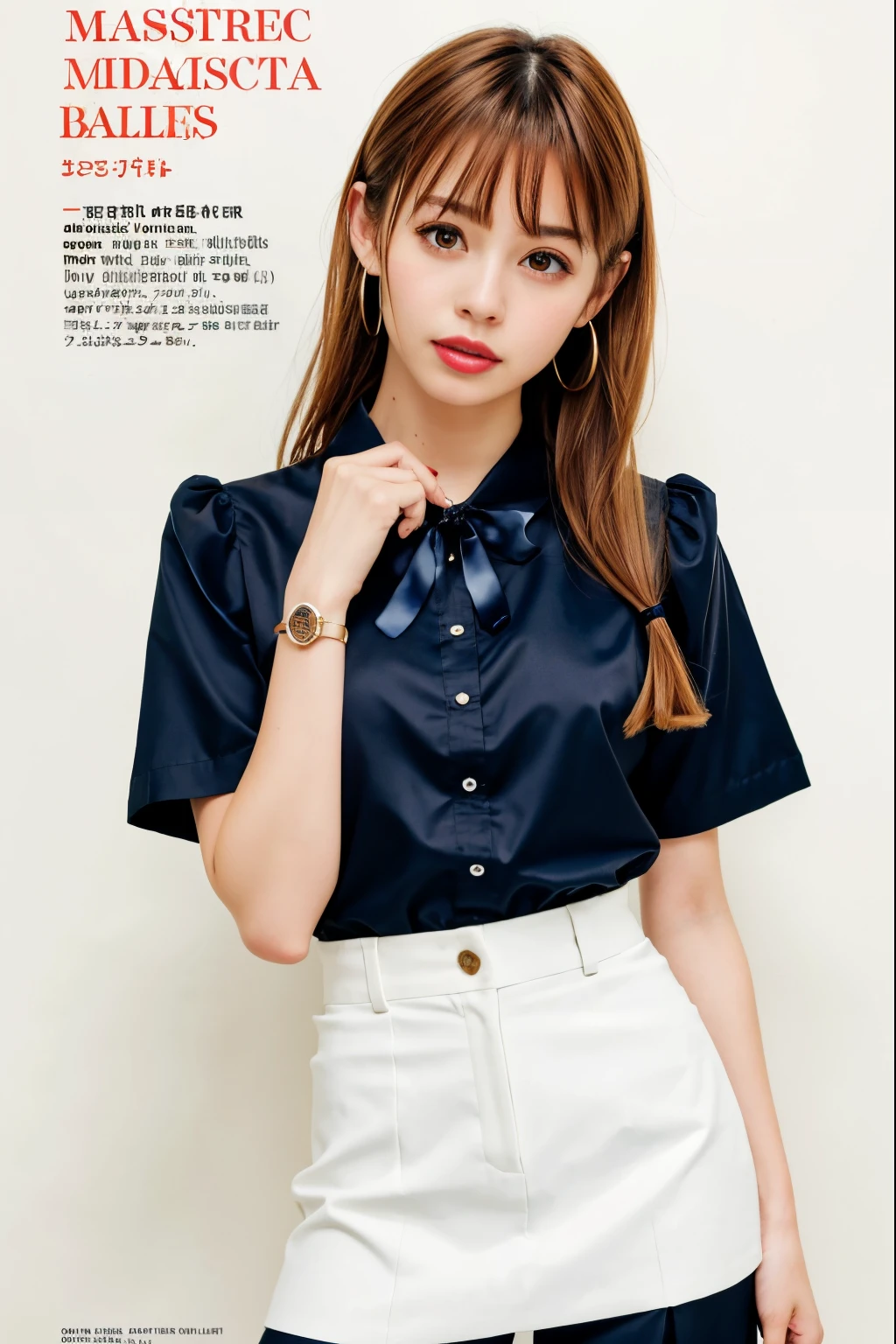 masterpiece, best quality, dynamic pose,full body, 1girl, bangs, black choker, necktie, black hair, pink skirt, blush, bracelet, breasts, choker, clothes around waist, bows，collarbone, collared shirt, cowboy shot, lace dress shirt, ear piercing, eyebrows visible through hair, gradient hair, grin, gyaru, jewelry, kogal, long hair, looking at viewer, loose necktie, necktie, piercing, brown eyes, ring, school uniform, shirt, skirt, smile, solo, white shirt, street, sky, cherry blossoms, petals,illustration, (magazine:1.4), (cover-style:1.3), fashionable, woman, vibrant, outfit, posing, front, colorful, dynamic, background, elements, confident, expression, holding, statement, accessory, majestic, coiled, around, touch, scene, text, cover, bold, attention-grabbing, title, stylish, font, catchy, headline, larger, striking, modern, trendy, focus, fashion,