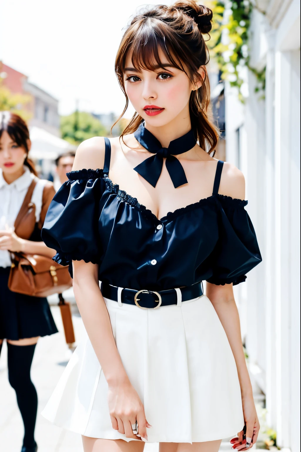 masterpiece, best quality, dynamic pose,full body, 1girl, bangs, black choker, necktie, black hair, pink skirt, blush, bracelet, breasts, choker, clothes around waist, bows，collarbone, collared shirt, cowboy shot, lace dress shirt, ear piercing, eyebrows visible through hair, gradient hair, grin, gyaru, jewelry, kogal, long hair, looking at viewer, loose necktie, necktie, piercing, brown eyes, ring, school uniform, shirt, skirt, smile, solo, white shirt, street, sky, cherry blossoms, petals,illustration, (magazine:1.4), (cover-style:1.3), fashionable, woman, vibrant, outfit, posing, front, colorful, dynamic, background, elements, confident, expression, holding, statement, accessory, majestic, coiled, around, touch, scene, text, cover, bold, attention-grabbing, title, stylish, font, catchy, headline, larger, striking, modern, trendy, focus, fashion,