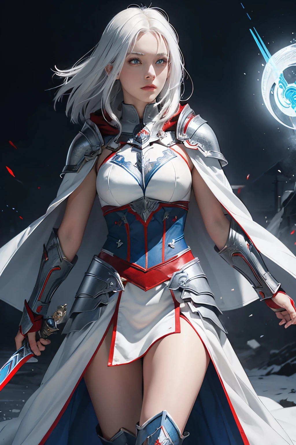 Female warrior white hair,blue eye, silver armor light reflect and red and blue line, red and blue cloak, white costume, equip sword and shield
