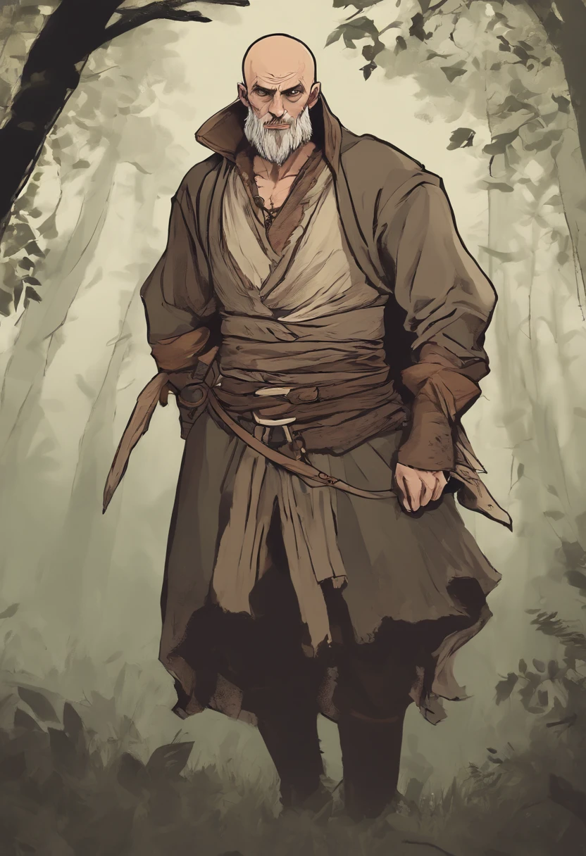 human bandit, in a forest setting. bald, deepset eyes, hook nose, shabby clothes in drab browns and muted grays. Skinny, perhaps a desperate look in his eyes.