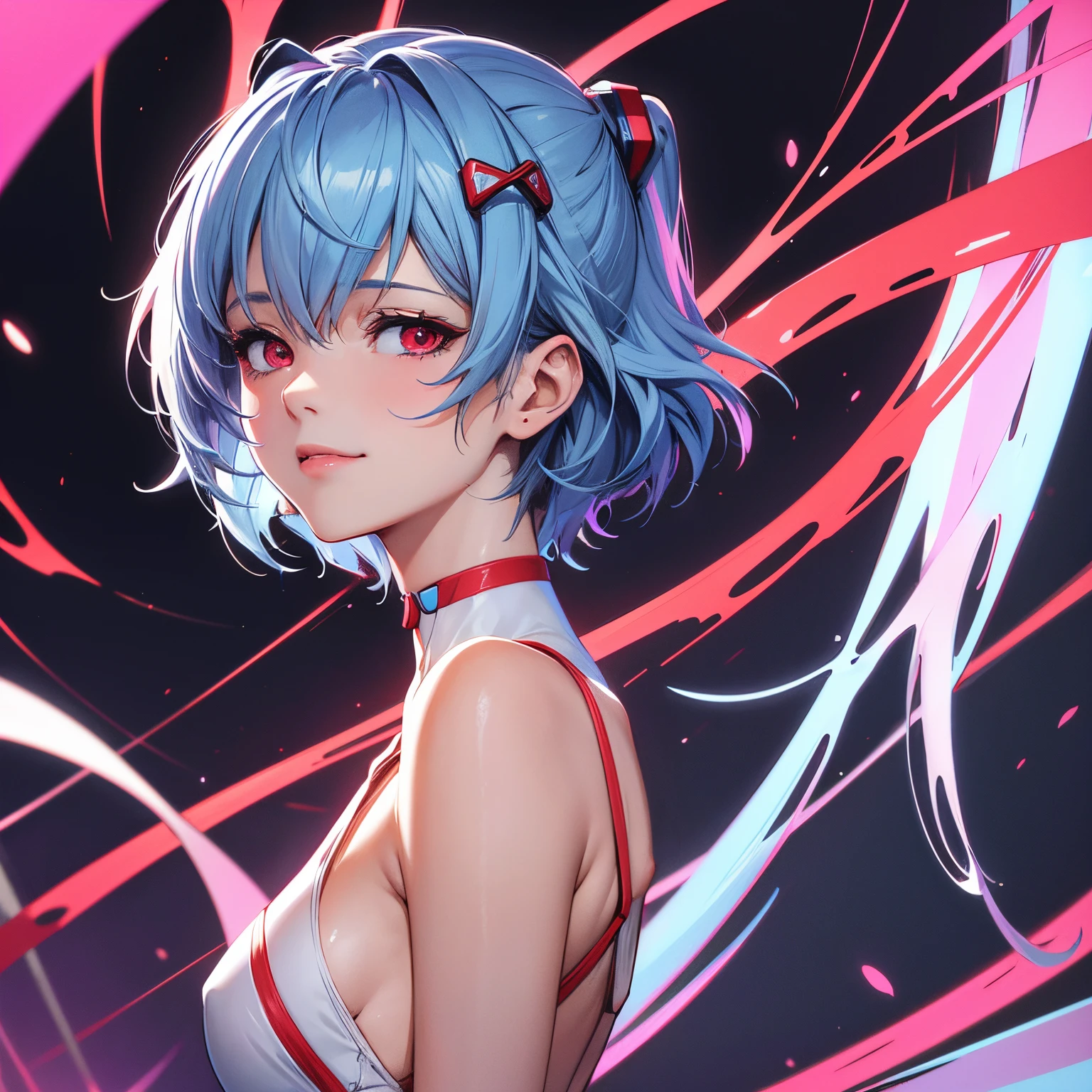 Masterpiece portrait of a smiling Rei Ayanami (Evangelion), Evangelion (Hideaki), Caustics, High resolution illustration,years, Red Eyes, Feminine, no pupils, Blue hair,  Short hair, Very small breasts,Japan school uniform, lowfers, swpunk, Synth Wave, Paint splatters, shaded flat illustration, Digital Art, Trending on ArtStation, Highly detailed, Fine detail, Convoluted, Splatter, Outrun, Vaporware, neon color