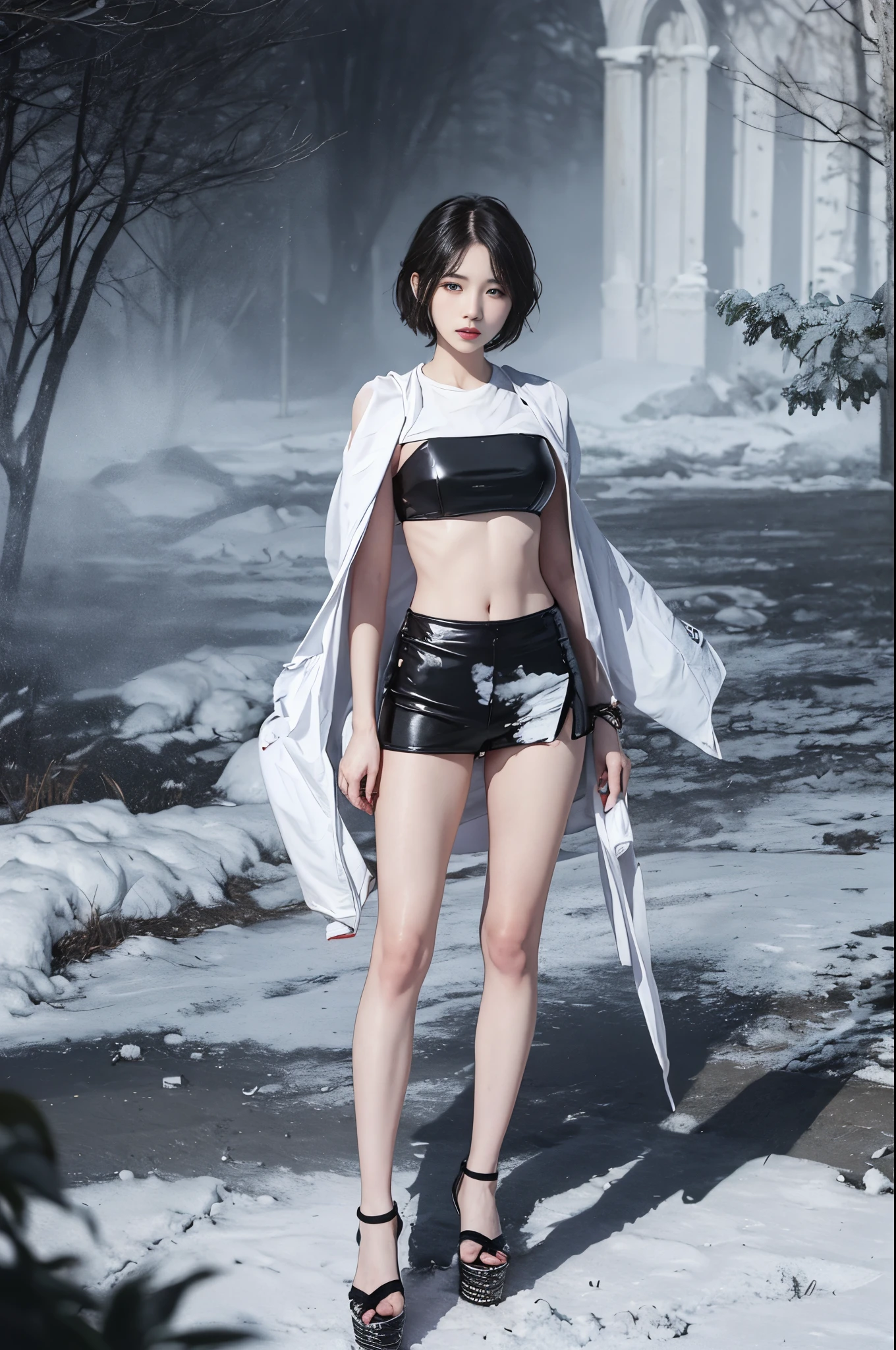 （splattered with white paint：1.5），Full body like，（realistically：1.5）， RAW photogr， 1 busty girl， shoulder， In the darkness of the night， Depth shadows， low pitch， cold light， Sexy look， Short hair details，Best quality at best， tmasterpiece， 超高分辨率， the super hot and sexy，Beautiful skins，