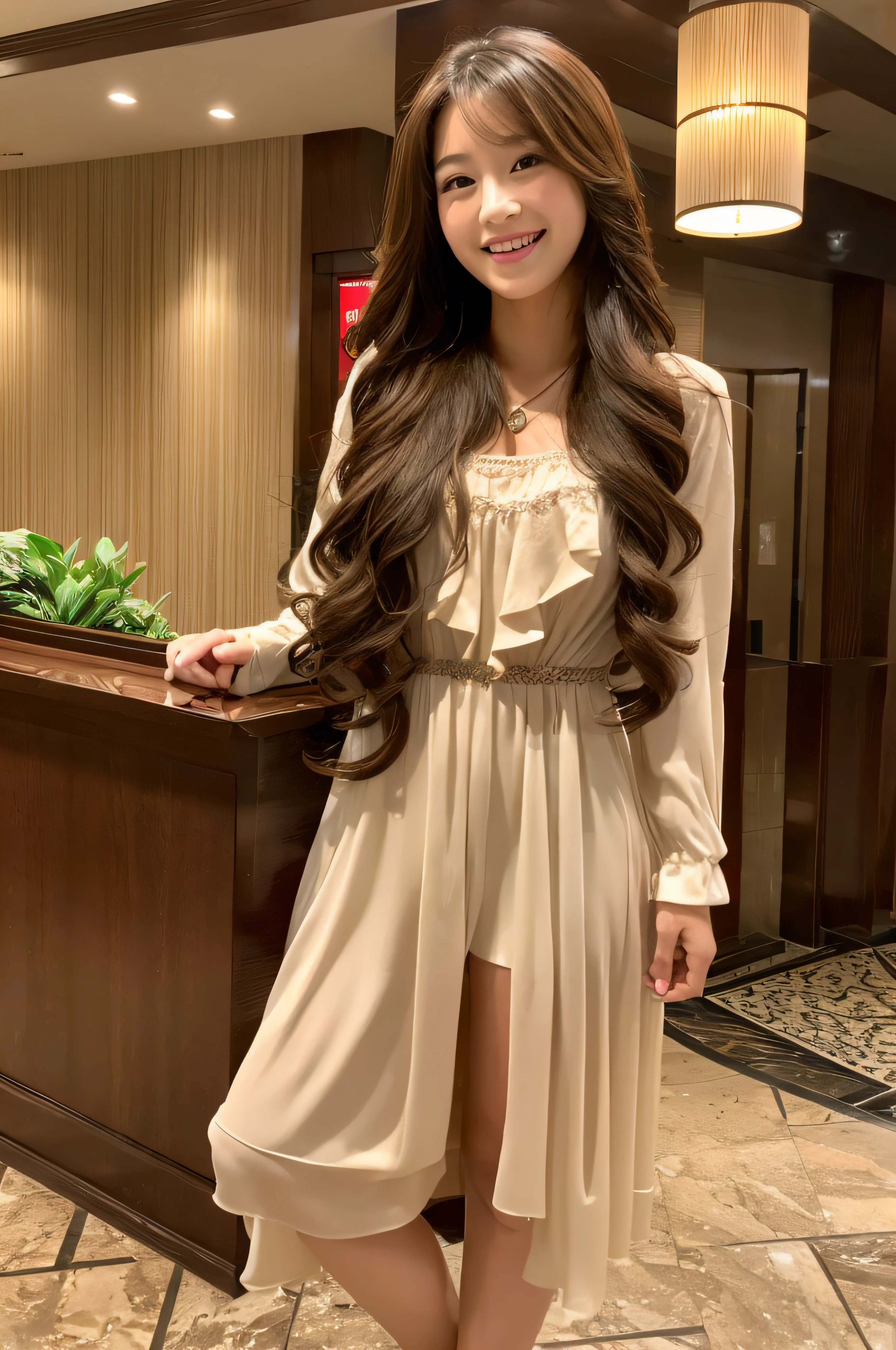 ((top-quality、8k、masterpiece:1.3))、1girl in、a smile、Slim Faces、Pretty women、(Brown-colored super long hair:1.2)、A neat white long-sleeved dress:1.1、hyperdetailed face、A detailed eye、二重まぶた、blured background、Slim Faces、城市、takeout、a street、Korean female、Loosely curled hair、layers-Cut、Long、((FULL BODYSHOT:1.4))、((In the lobby of a western-style hotel))