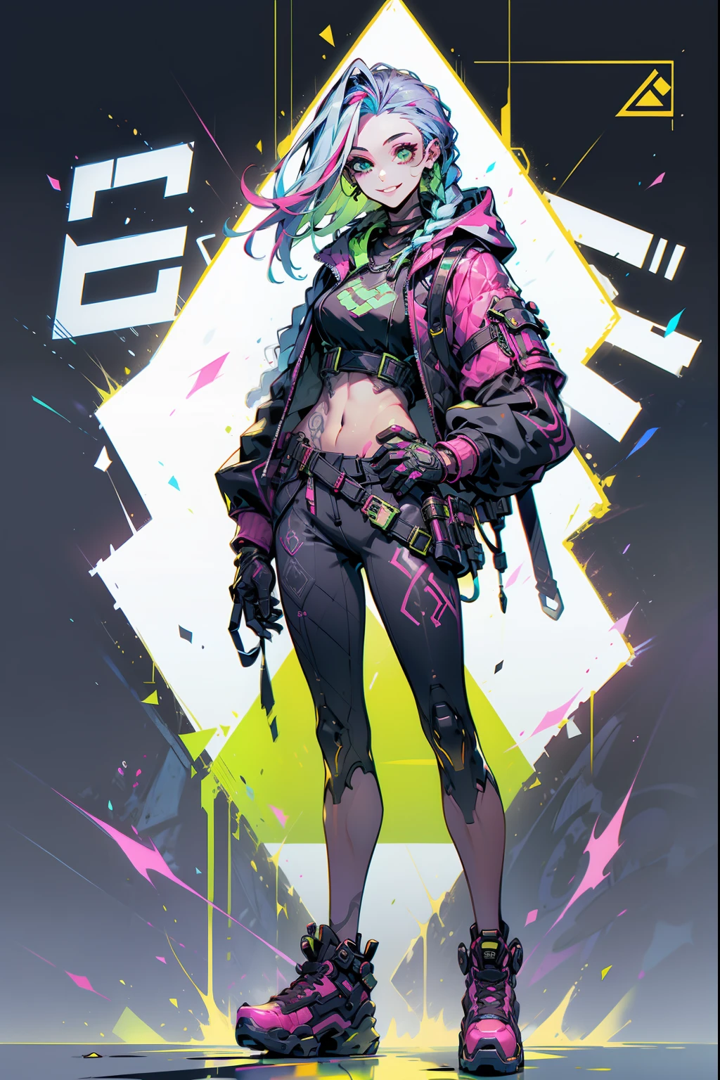 doom \(league of legend\), 1girl huge big breasts,pixar-style, Smilingly,Alone, woven, double braid, (blue long hair), Surprised eyes,tattoo is, (opens his eyes wide:0.9),See the audience, arm tattoos, mediuml breasts, lookingat_show on_Peek at viewers, short_the hair, mitts, navel, fail, Green_eyed, Eternal, full_body, arma, Multicolored_the hair, Gray_the hair, Green_the hair, footwear, collars, Black_mitts, septum, Hooded, the hair_exceed_Yoon_eyed, guns, cropper_top, hoody, Black_trouser, athletic sneakers, fail_guns, hand gun, cropped_jaket, edd_show on_pocket, cyber punk personage, cropped_hoody