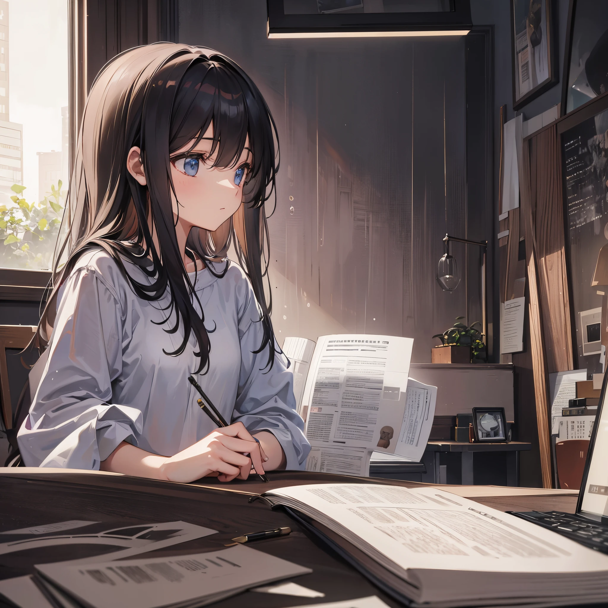 High Detail, Ultra Detail, 8K, Ultra High Resolution cute girl, alone in her room, teenager, enjoying studying in her room, sitting, lofi girl, relaxed, surrounded by a nice room, with rain outside her window, at night, with a cup of coffee studying, profile pov, very detailed room, application to improve colors and resolution, use of defect correction, high quality, cozy atmosphere