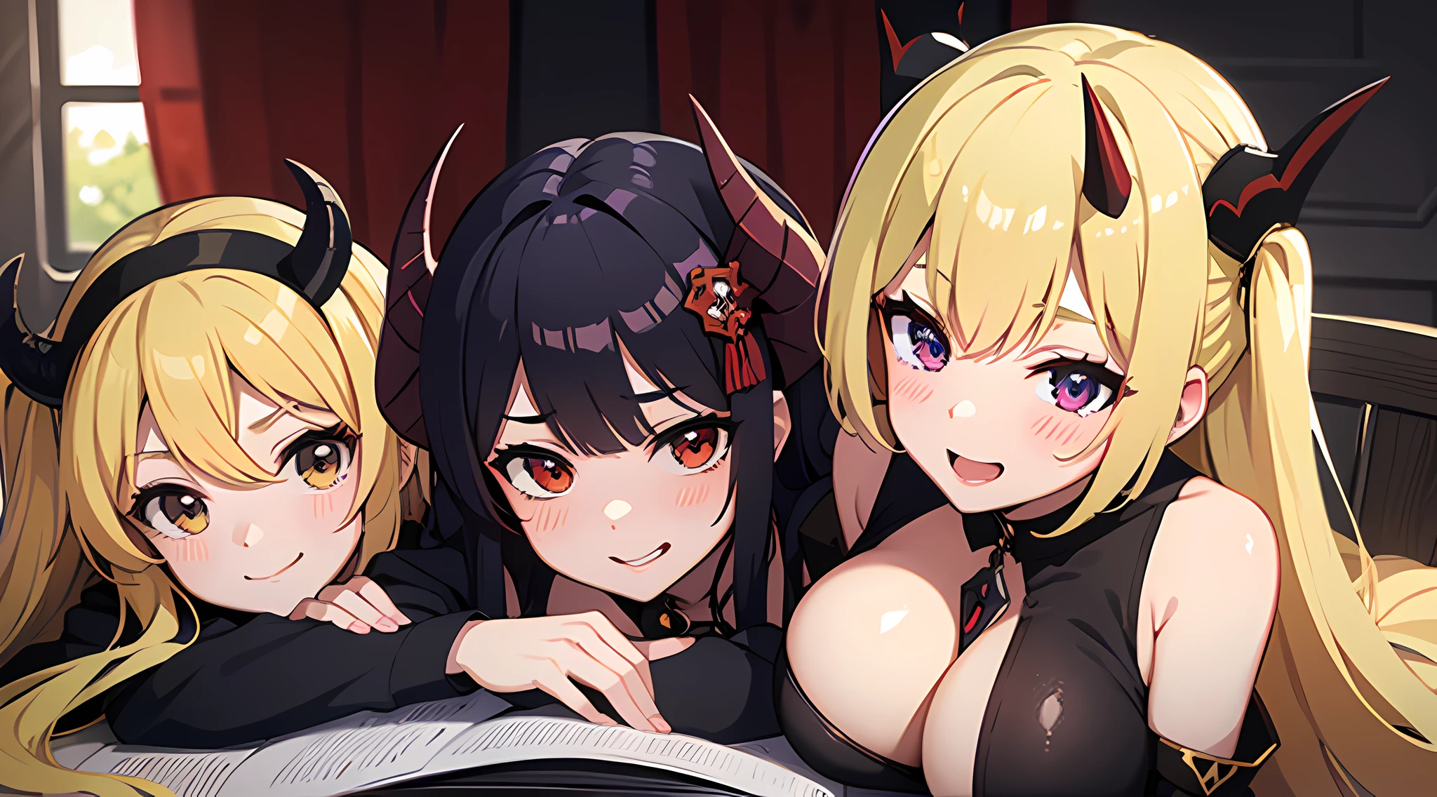 three anime girls with horns and horns are posing for a picture, beautiful eyes finely detailed, blushed face, toothy smile, big breast, a picture by Shitao, pixiv, auto-destructive art, background is room in medieval era castle, mika kurai demon, azur lane style, demon anime girl, kantai collection style, anime girls, devil smile