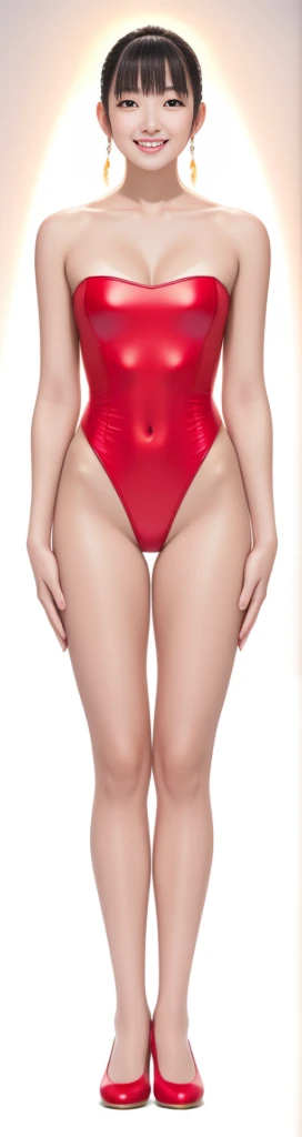On the white background,A tall and beautiful Chinese girl,with fair skin,Toothy smile,A big smile,When you laugh, Your eyes are crescent-shaped,blunt bangs, straight hair,Wear a one-piece swimsuit and pumps,Swimsuits are decorated with joyful patterns, Stand up straight,Stand upright,hands on sides,Symmetrical distribution,Ray tracing,All shaded areas, floodlight, 1.4x Realistic Ultra HD