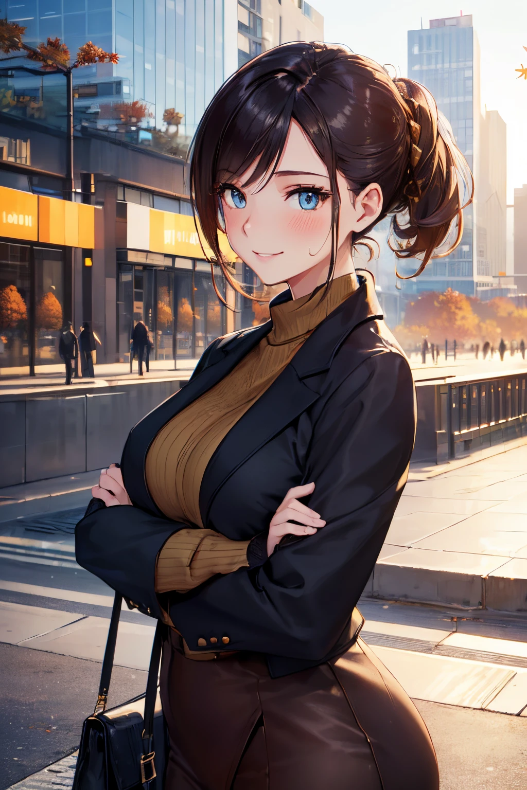 (High quality, High resolution, Fine details), (((Autumn Clothes))), urban city backdrop, modern architecture, stylish accessories, stunning hairstyle, natural lighting, striking poses, solo, women, sparkling eyes, (Detailed eyes), smile, blush, Sweat, Oily skin, Shallow depth of field