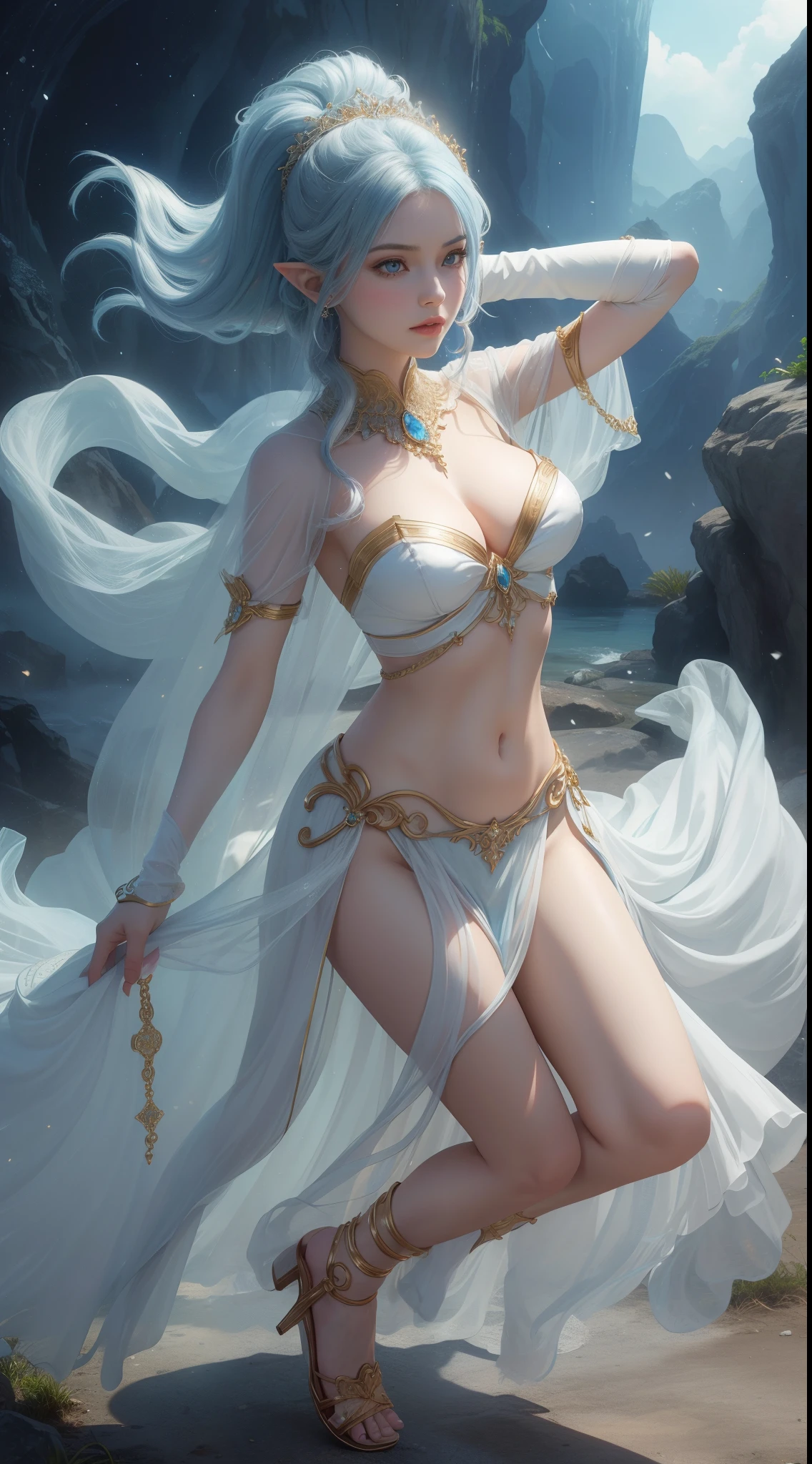tmasterpiece,Highest image quality,Beautiful full body portrait of noble elf dancer,Exquisite sky blue hairstyle,Clear golden eyes,veils,White midriff-baring dance costume,heeled sandals,Has a dazzling array of、Well made jewelry,Ultra-detailed details,advanced。At the Pixiv Art Station,Break your own power,Luigi,Big breasts exposing cleavage,R-18G