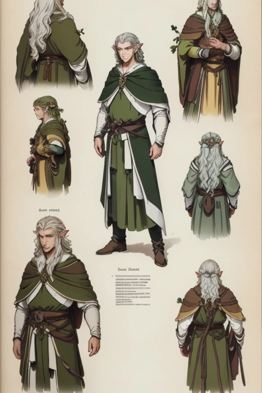 Video game character design, Drawing with Line Drawing, Multiple points of view, Best Quality,Masterpiece,hight resolution, elf, ((character concept art)), Video game character design, Detailed male with pale skin,midle hair, druid, half-elf ,Dressed as a druid,illustartion,Realistic,Harmonious colours,natural lighting, green clothes, white hair, curly hair