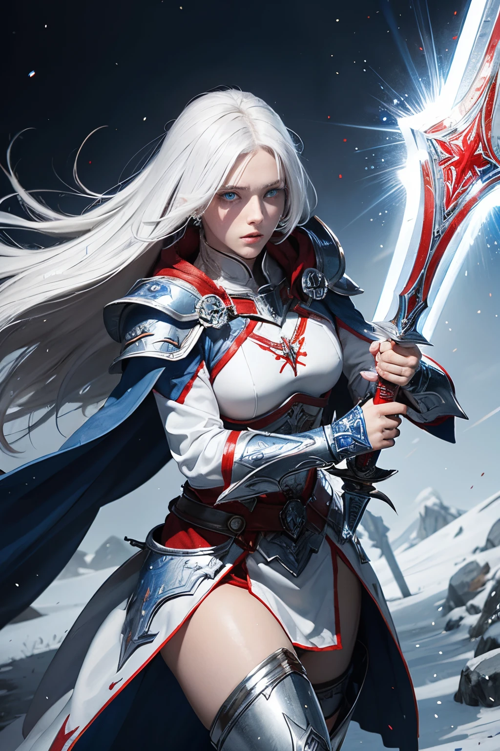 Female warrior white hair,blue eye, silver armor light reflect and red and blue line, red and blue cloak, white costume, equip sword and shield