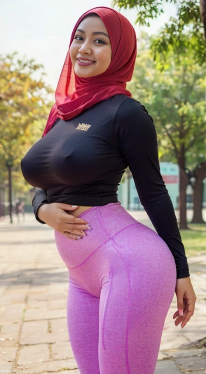 masterpiece, high quality photos, detailed photos, beautiful chubby Malay woman wearing a hijab, has super plump breasts, wearing a tight t-shirt, sexy leggings, big buttocks, posing smiling in the park, detailed body description, detailed facial description,