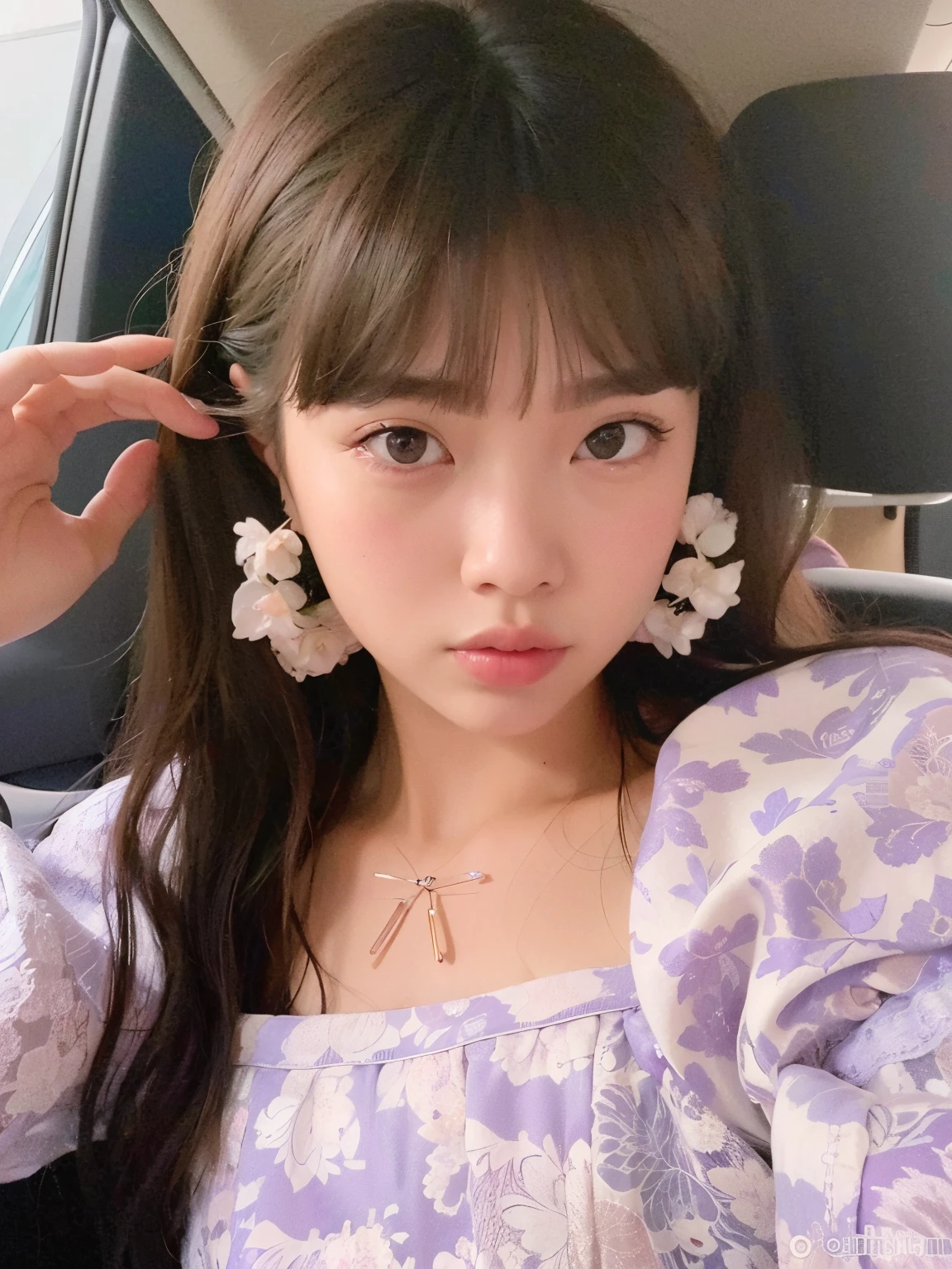 um close up de uma mulher com cabelos longos usando um vestido roxo, Ulzzang, Lalisa Manobal, Jinyoung Canela, branco hime corte penteado, maquiagem sul-coreana popular, Sakimichan, Heonhwa Choe, Chiho, Shikami, franja fofa, brinco, Jaeyeon Nam, com franja, maquiagem coreana popular