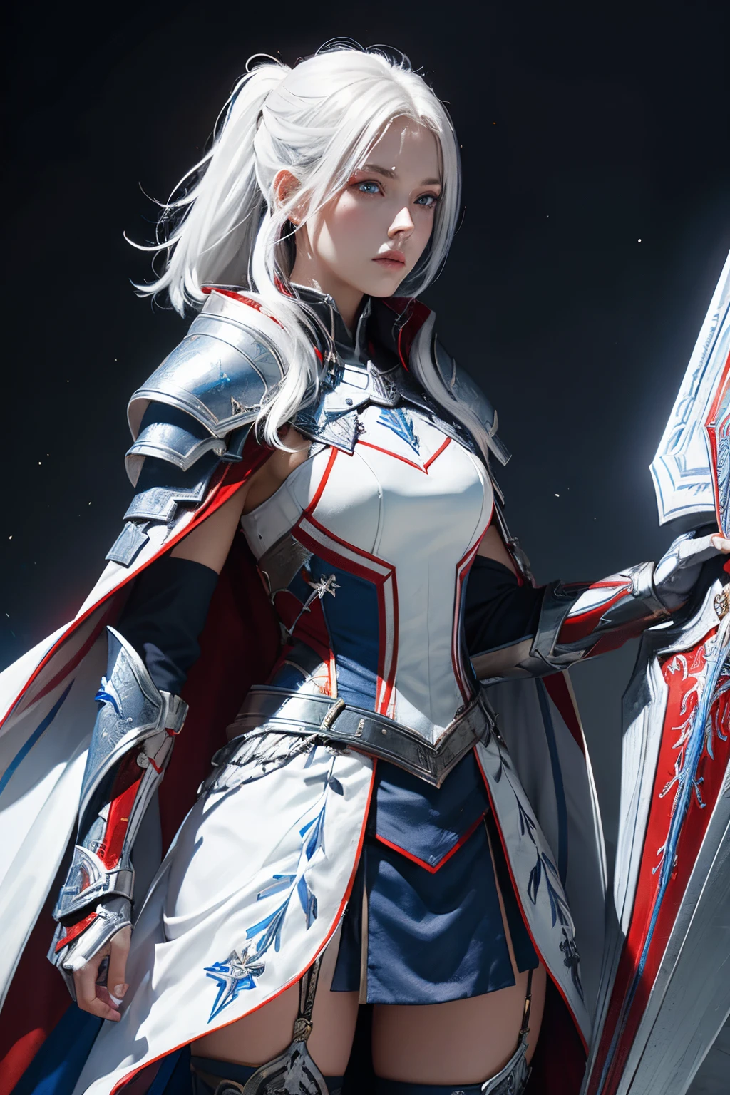 Female warrior white hair,blue eye, silver armor light reflect and red and blue line, red and blue cloak, white costume, equip sword and shield