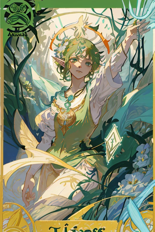 tmasterpiece、topquality、Alphonse Mucha、Jugendstil、
(Tarot card style:1.3)、Unique Tarot Card Structure, including floral and green elements、Upper torso、looking at the viewers、
In the middle of a green garden、The Mysterious Girl 、Dance with Unearthly Creatures。
roses、lily、Cherry treesleaves、moss、vine、Elegant dresses, Inspired by nature、Necklace with flowers and leaves、hair ornaments、Butterflies、bird、bee、Tarot symbols, Reimagined with floral and green ornaments、godesses、Flower Garden、woods、Natural background, like a, For example, shore of the lake、Efficient use of light and shadow、
Realistic & ultra realisic, goodness