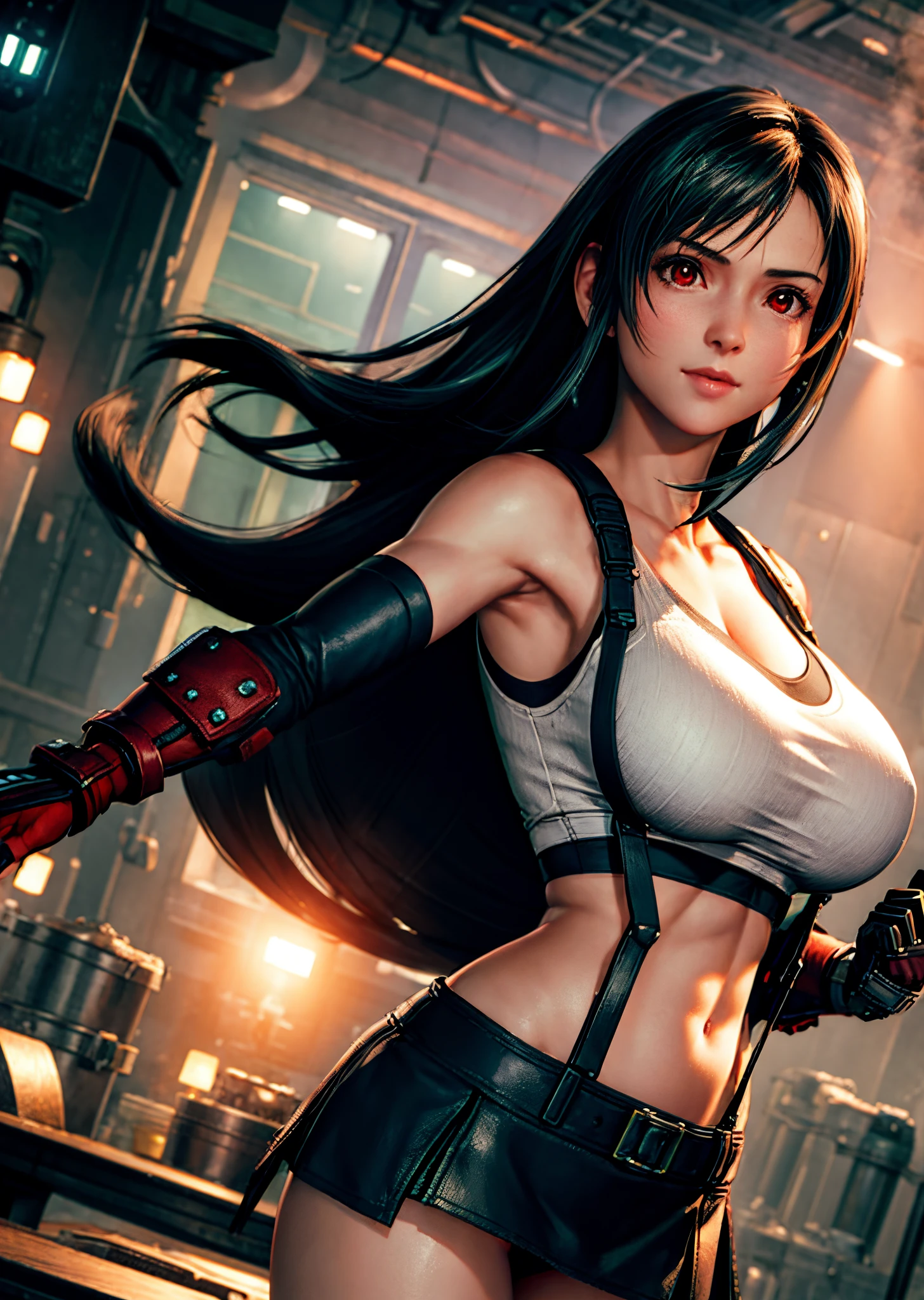 (Photorealistic: 1.4), top quality, very delicate and beautiful, high resolution, 1girl, tifa_lockhart, smile, cowboy shot, suspenders, low rise, mini skirt, tank top, tense shirt, black hair, long hair, elbow gloves, beautiful detailed red eyes, face light, movie lighting, navel, high exposure, abdomen exposure, ribs, abs, ( gigantic breasts: 1.2), dynamic poses, dynamic angles,