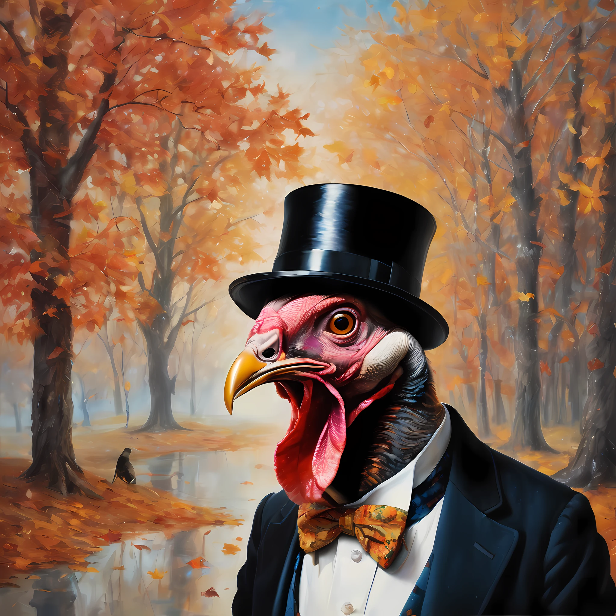 The painting captures the turkey in a playful and unexpected scene, perhaps dressed in a dapper suit and top hat, strutting confidently with a mischievous twinkle in its eye. The background is filled with a burst of colorful autumn foliage, adding depth and visual interest to the composition. This digital painting, created by the innovative artist Salvador Dali, invites viewers to embrace the imaginative and unconventional,((Best quality)), ((Masterpiece)), ((Realistic)),axial symmetry,anatomy correct,