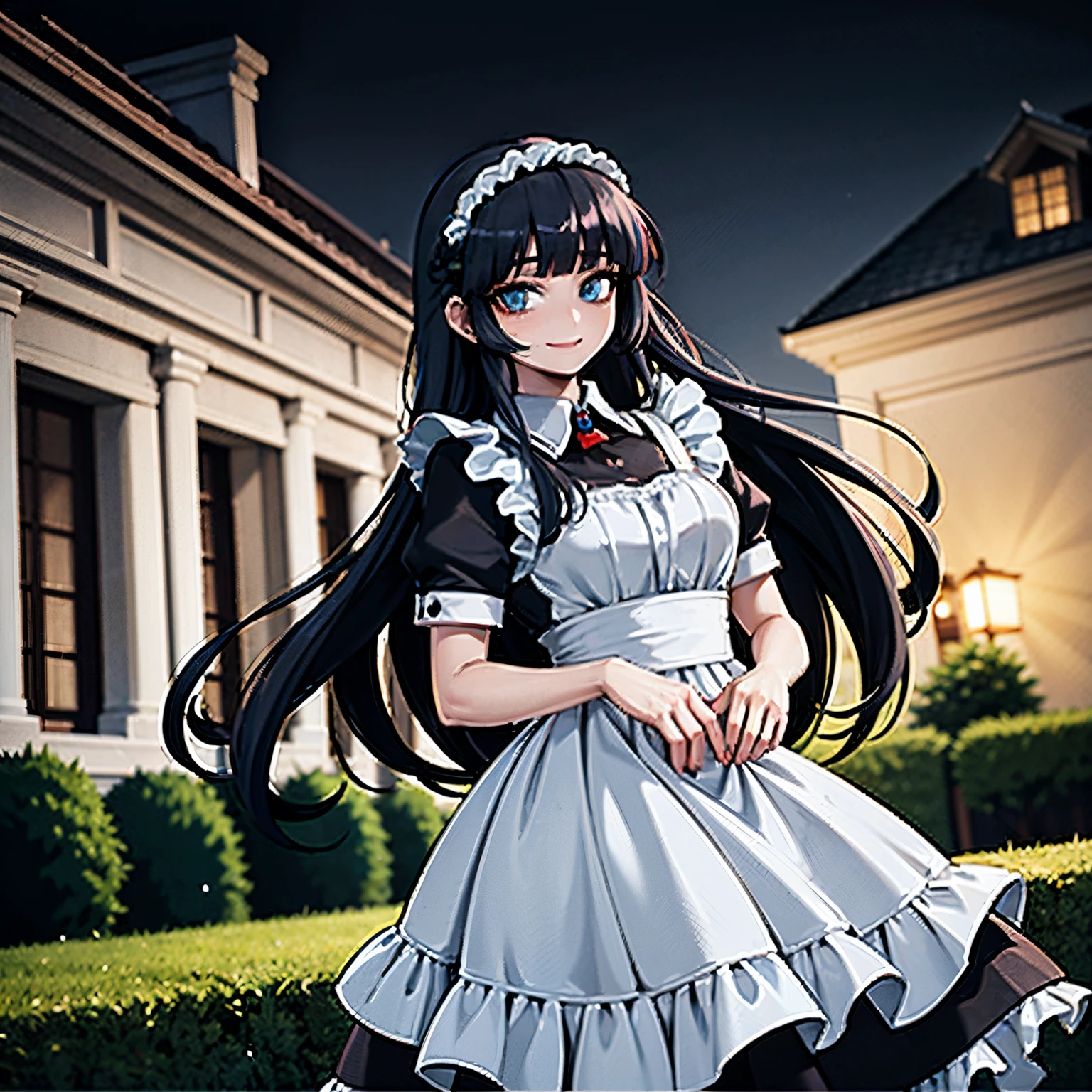 ung woman, anime, dark blue hair, red shinning eyes, maid dress, black dress, smiling, in a garden, night, blue moonlight, mansion behind, beautiful atmosphere, 4k, masterpiece, highlights,