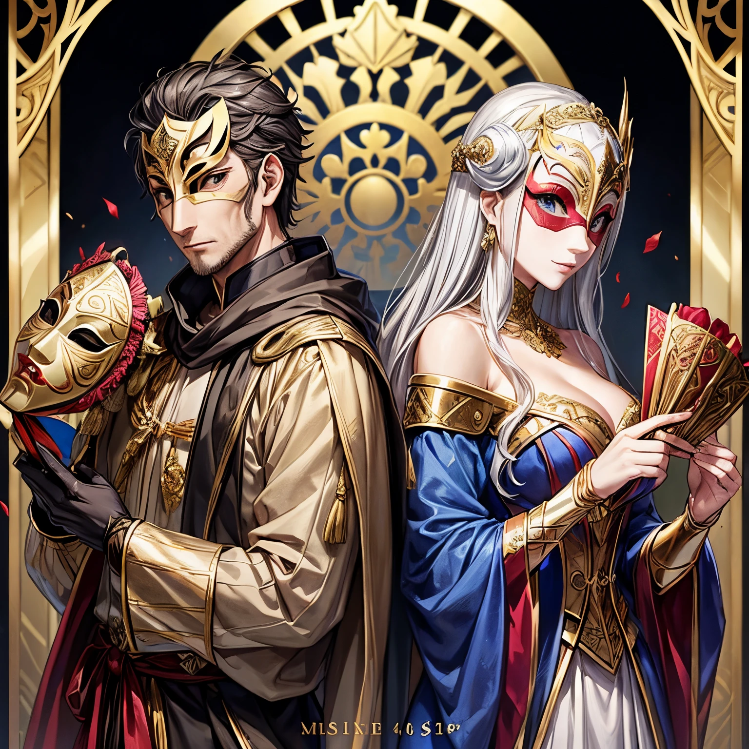 medieval aristocratic、((masks used for masquerade balls,Masked couple))、a man in his 40s、Female in her 40s、Stand back to back、