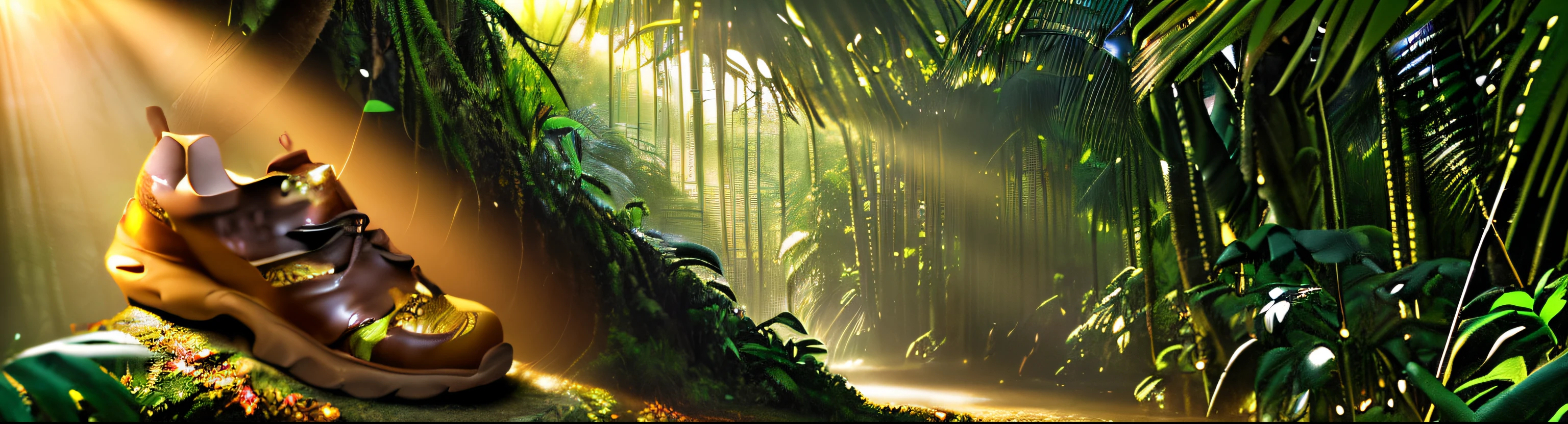 (a huge brown travel shoe),tmasterpiece,(Very detailed CG unified 8k wallpaper)Best quality at best),Jungle theme and natural elements,Tall trees,rays of sunshine,(nature elements)(Jungle theme)(Ray traching)