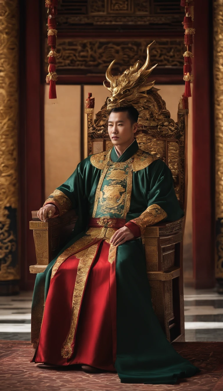 Emperors of ancient China,Wearing a dragon robe,Wearing a beaded crown,Wearing a jade ring on the hand,Dark gold and black dragon robe,The domineering power of the king,sitting on a dragon chair,In the main hall of Jinluan Palace,full body shot shot,Surreal art,Cinematic lighting